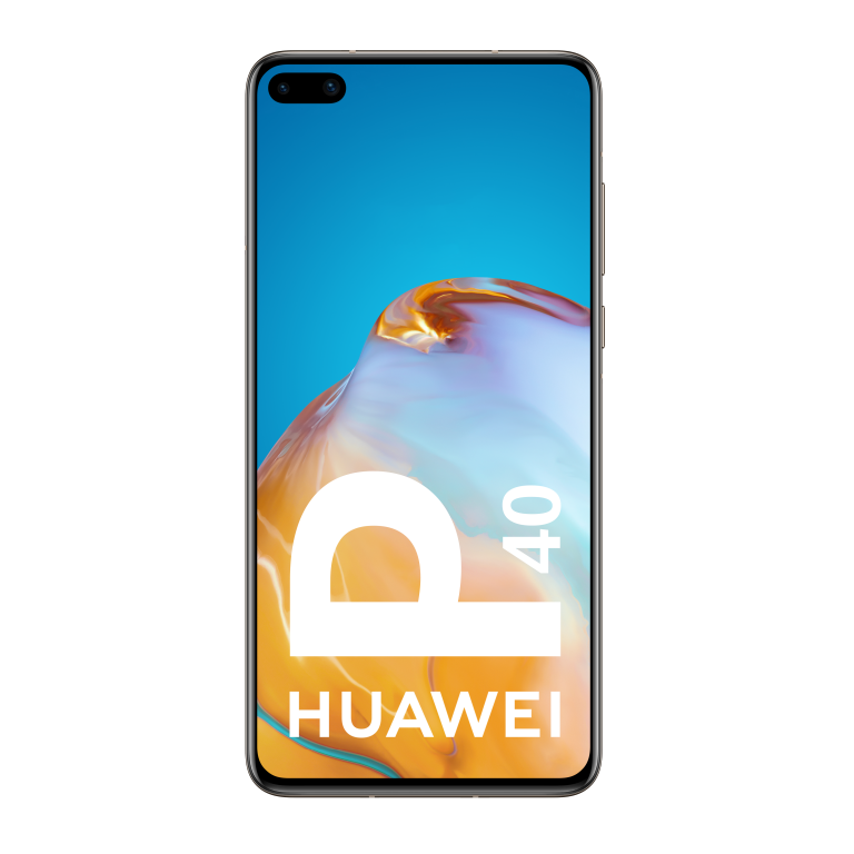 Smartphone Huawei P40 con el logo en la pantalla sobre fondo negro.