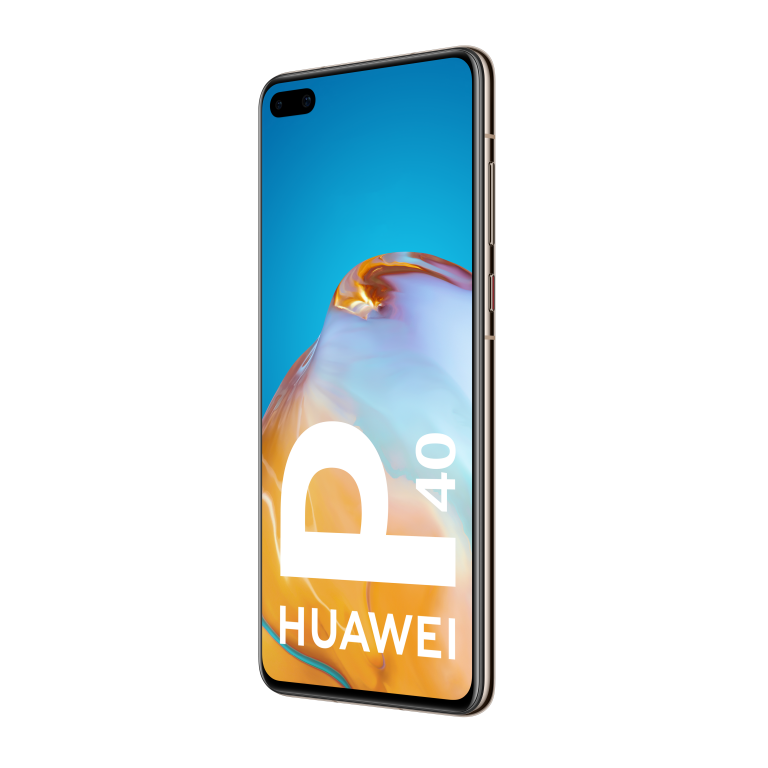 Un teléfono inteligente oro rosa con una pantalla grande que muestra la marca HUAWEI y el texto P40.