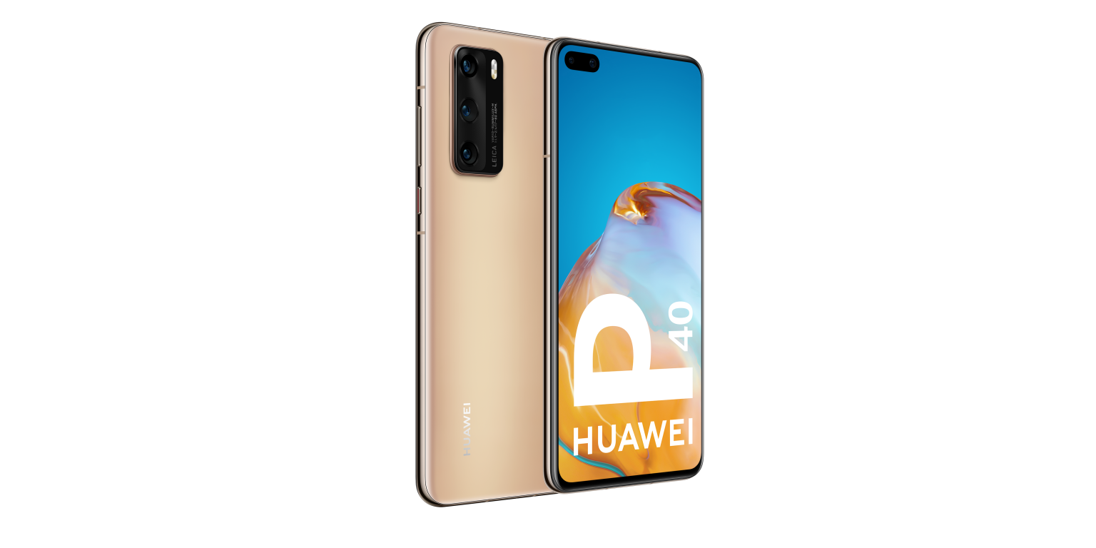 Teléfono Huawei P40 dorado, vistas trasera y frontal. Fondo negro. Pantalla con gráfico.