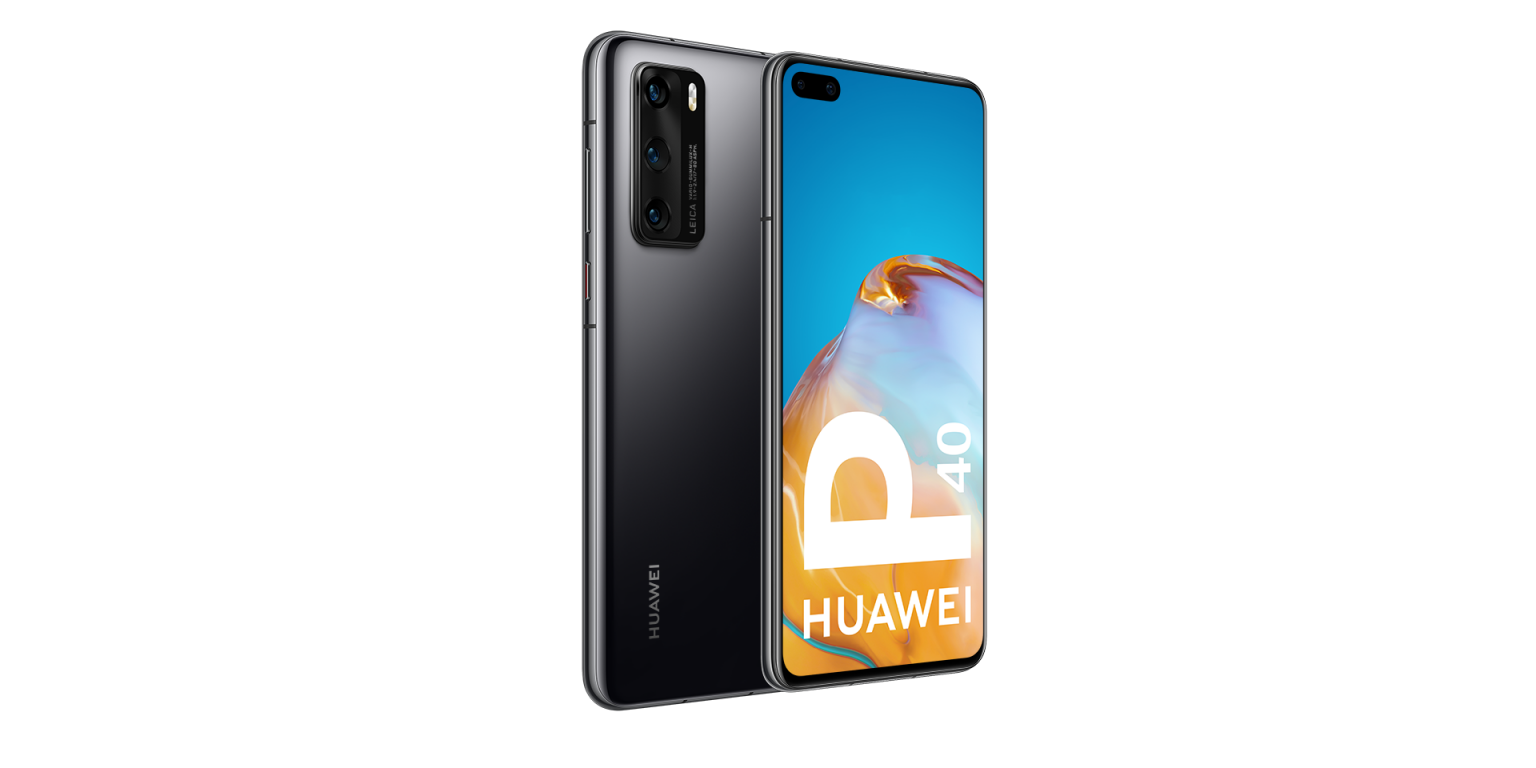 Teléfono negro Huawei P40, mostrando la parte trasera con cámaras y vista frontal.