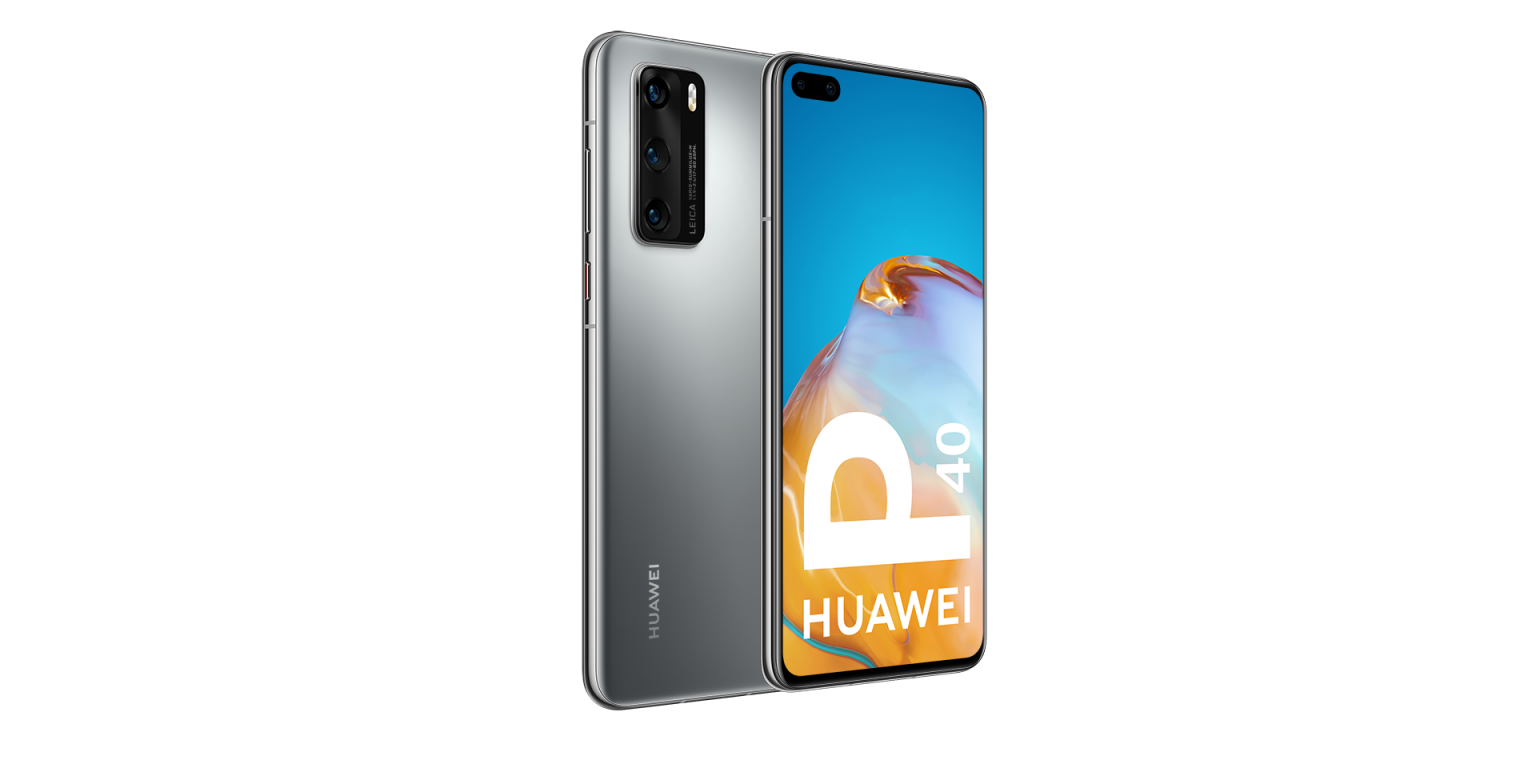 Teléfono Huawei P40 gris y plateado sobre fondo negro, con tres cámaras.