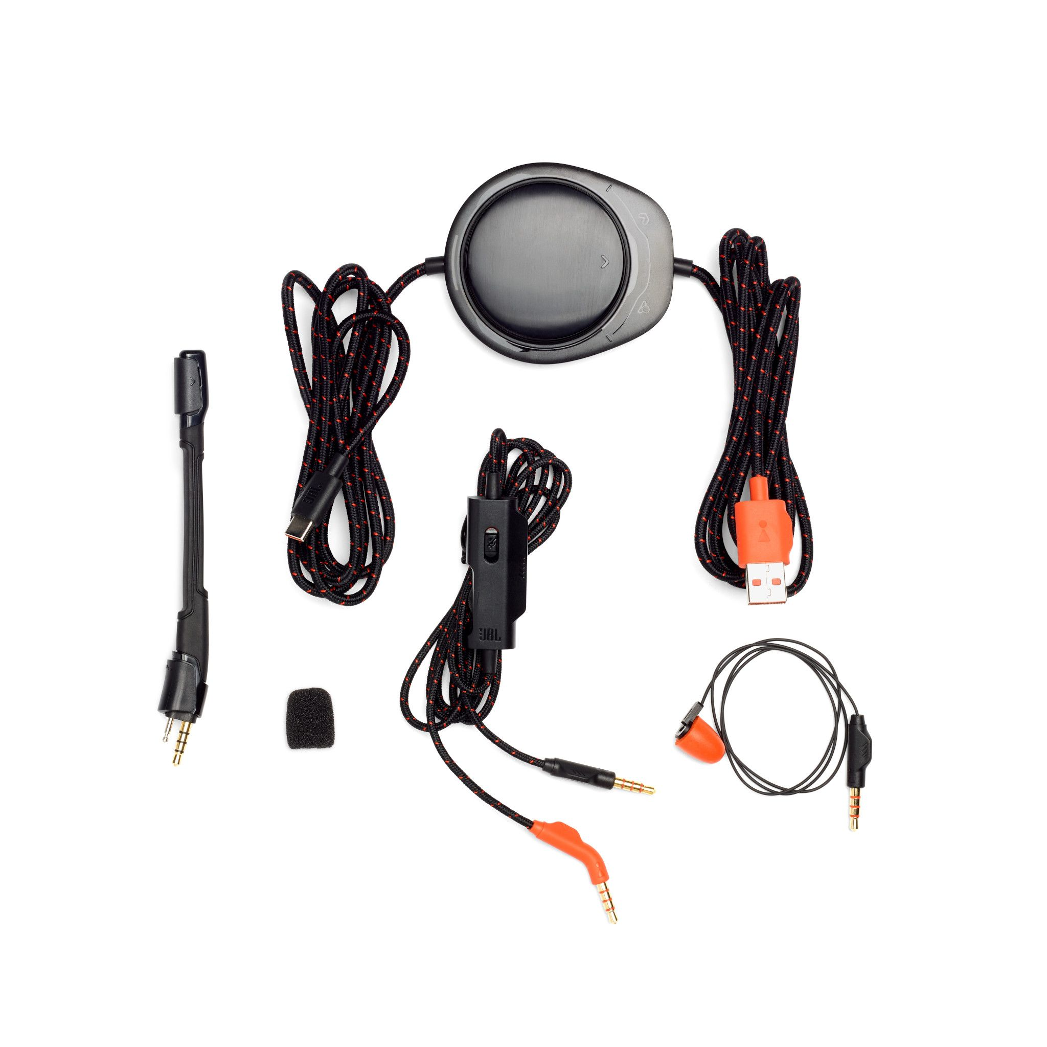 Hoofdtelefoon met zwarte en rode kabels, een bedieningsmodule, USB en audio jacks. Inclusief een microfoon.