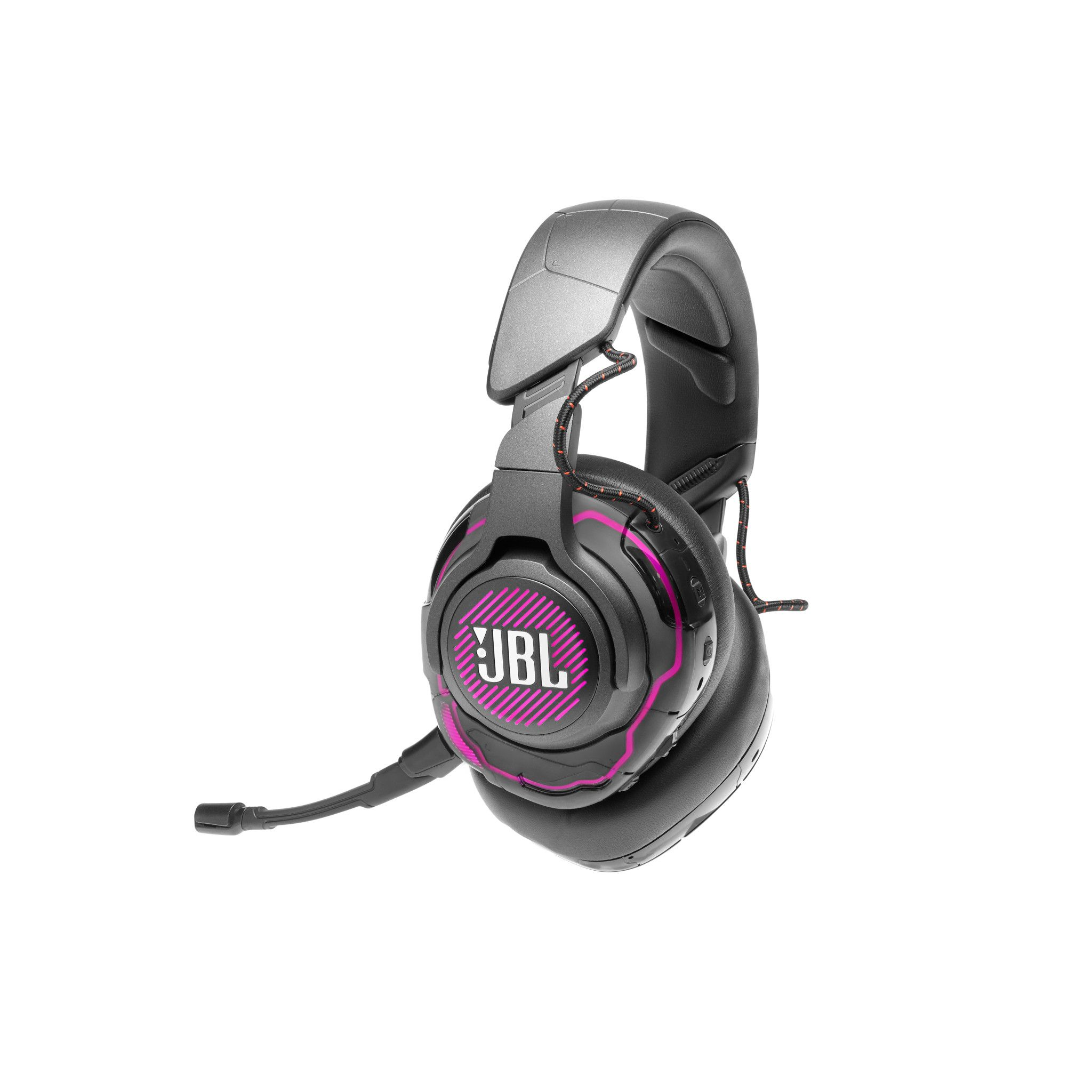Zwarte en grijze JBL gaming headset. De headset heeft een microfoon en roze accenten. Witte achtergrond.