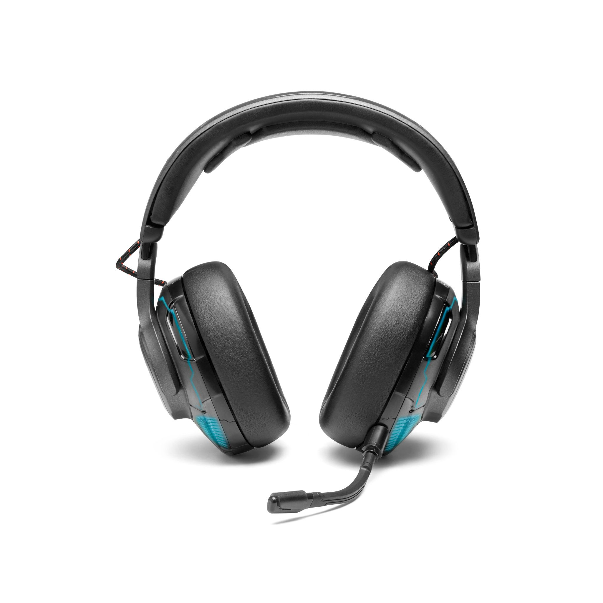 Zwarte headset met blauwe accenten, microfoon en een witte achtergrond.
