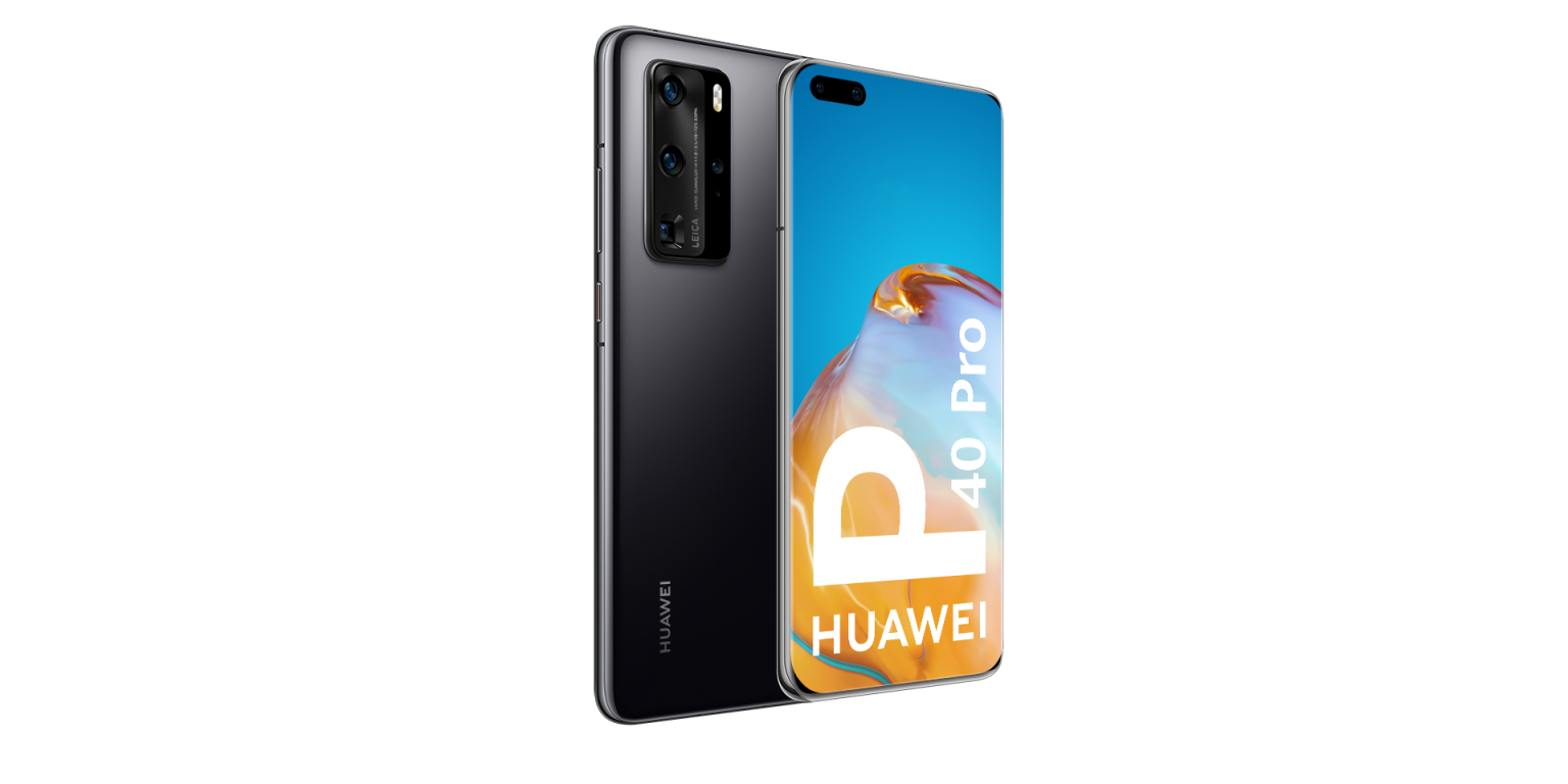 Teléfono negro y plateado, la pantalla muestra HUAWEI P40 Pro sobre fondo azul.