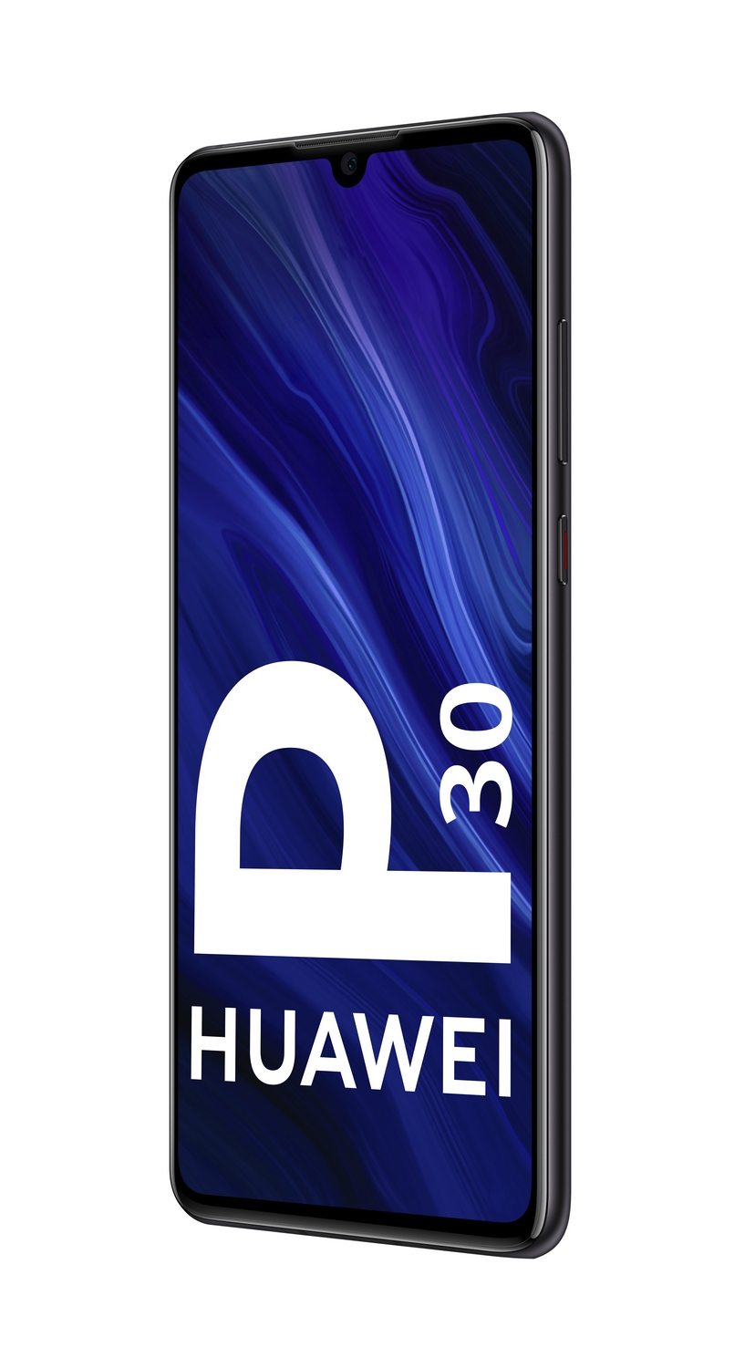 Un teléfono inteligente negro con el logotipo Huawei P30 sobre fondo blanco.