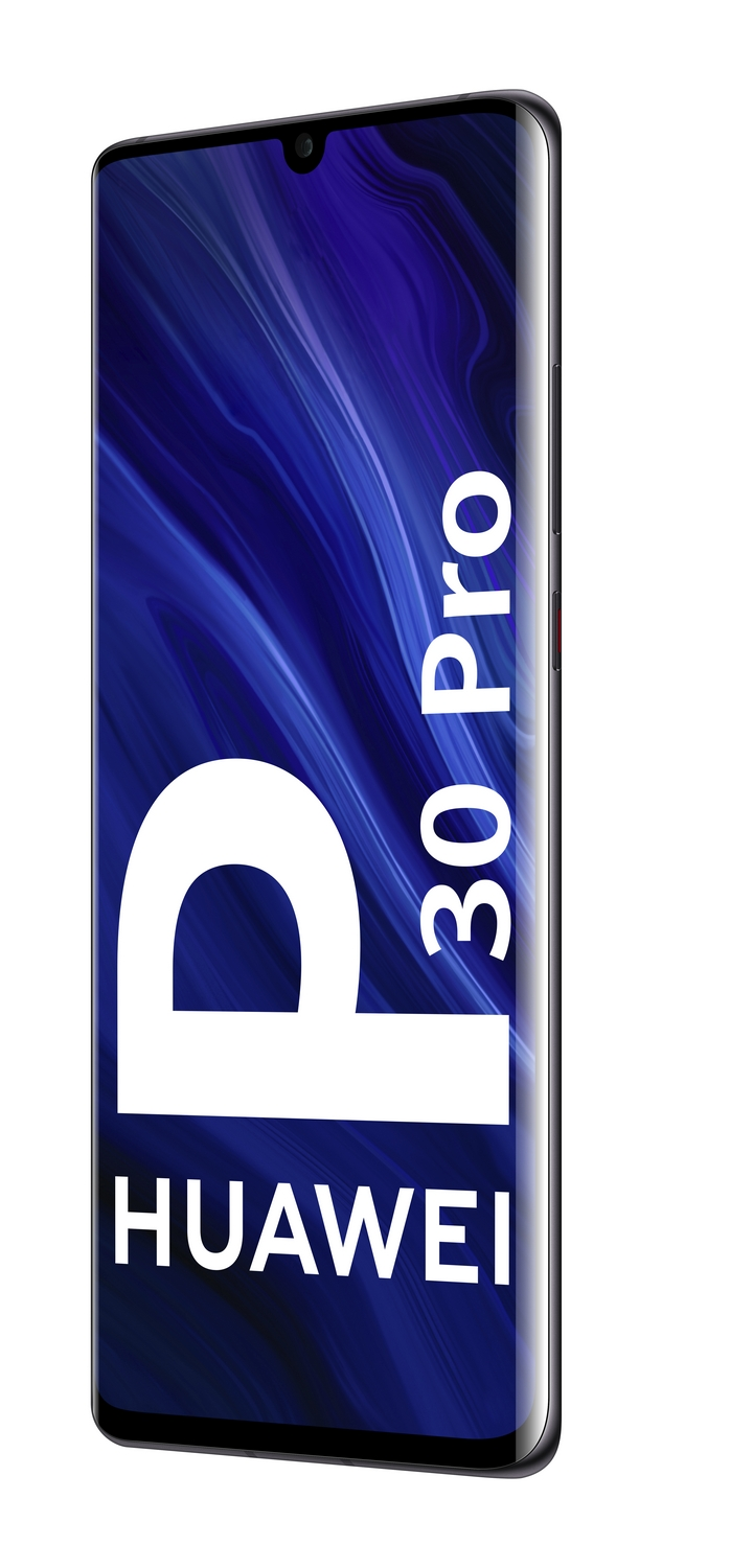 Un smartphone negro con el logo Huawei P30 Pro sobre fondo blanco.