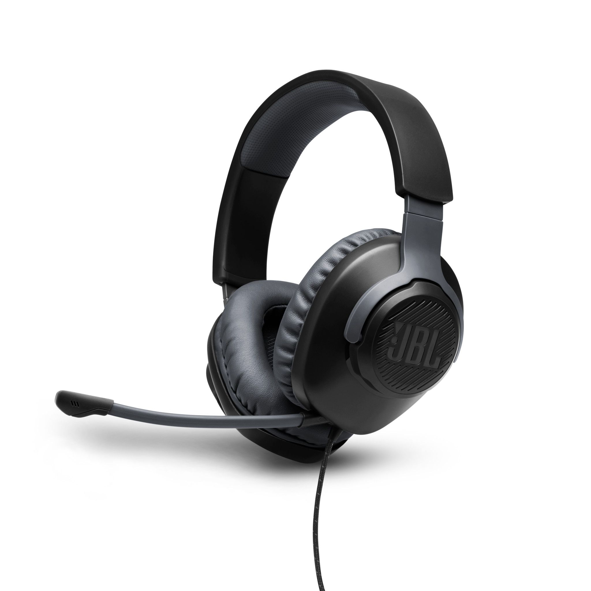 Zwarte JBL-headset met een microfoon, geïsoleerd op wit.