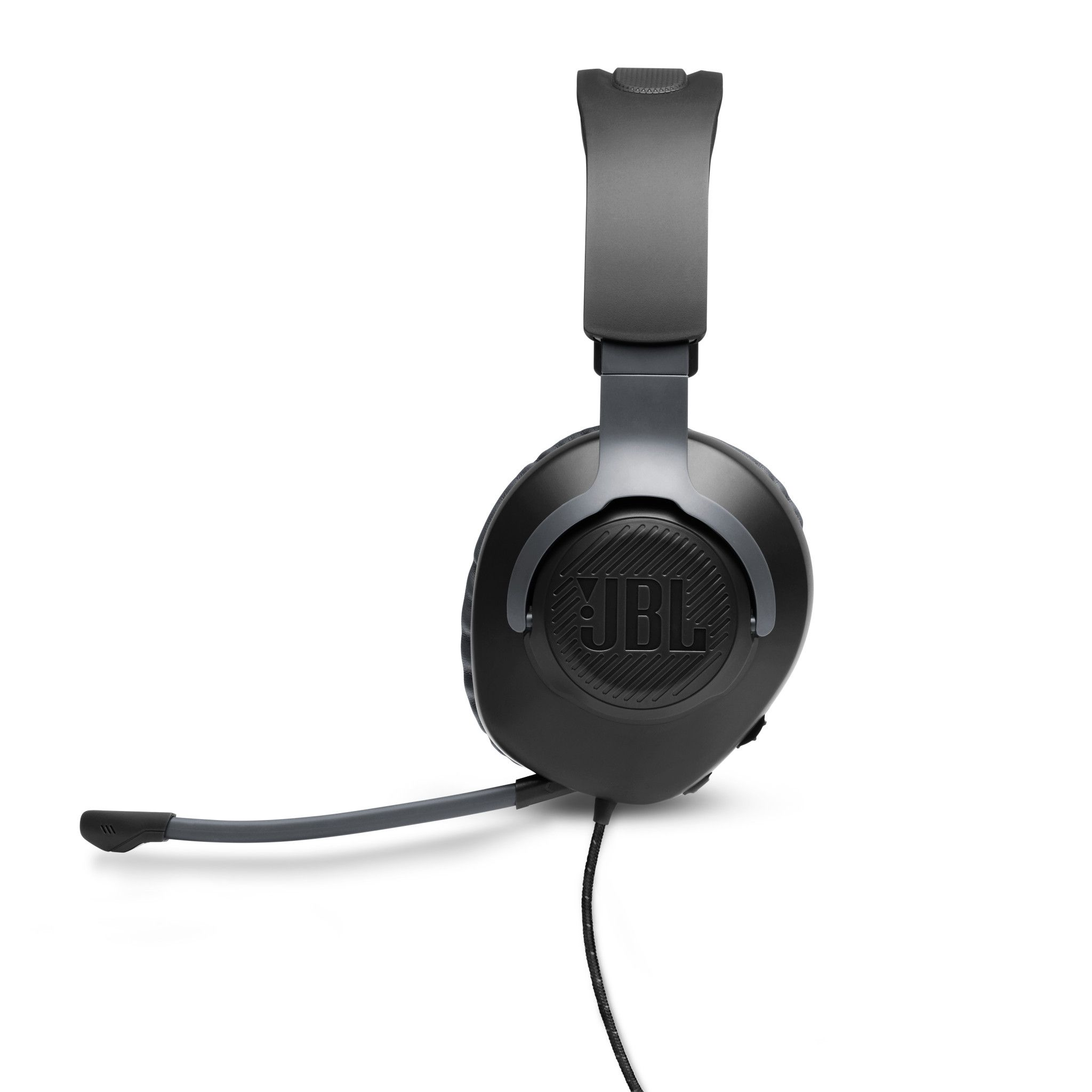 Zwarte JBL gaming headset met microfoon, op witte achtergrond.