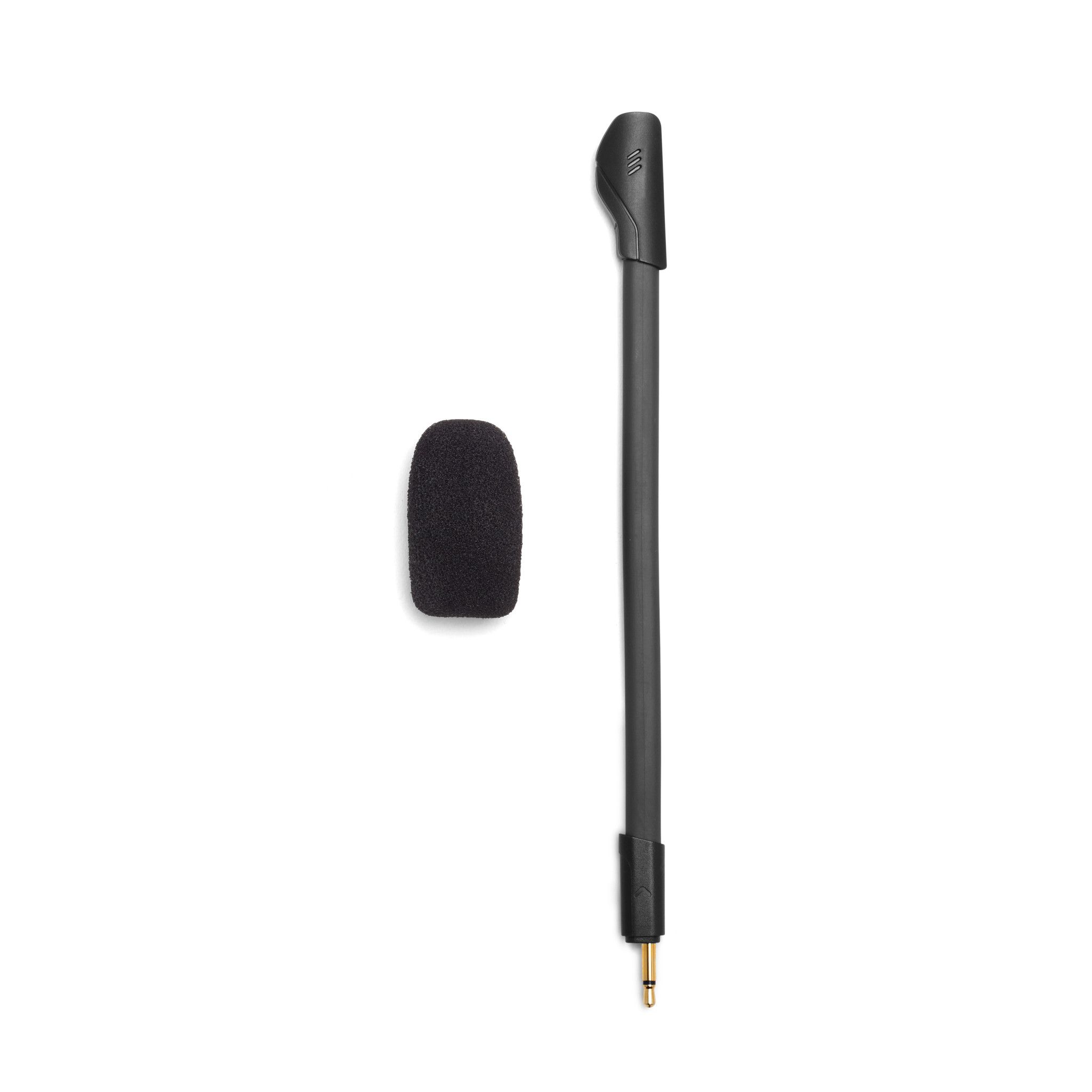 Zwarte microfoon en schuimcover, met connector op een witte achtergrond.