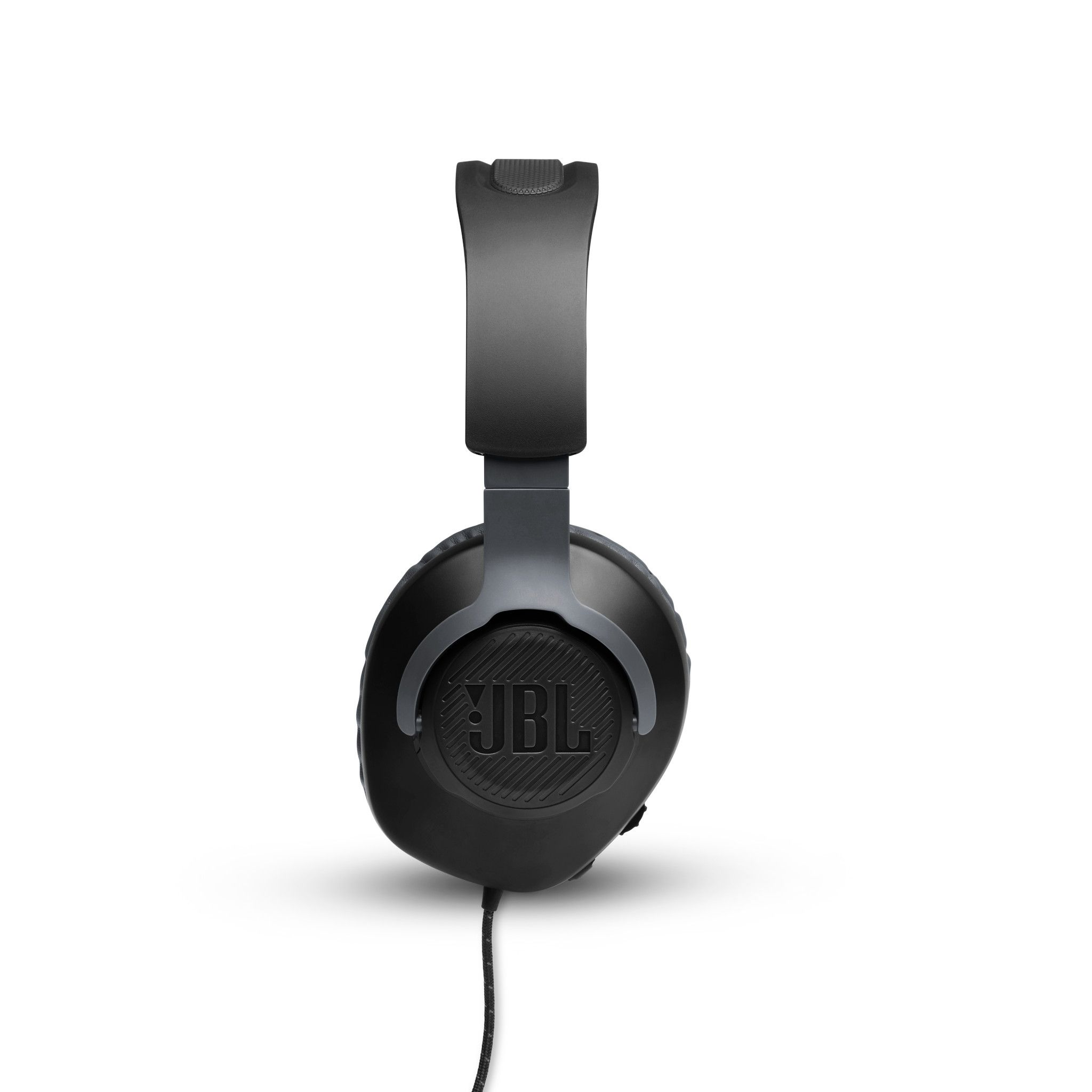 Zwarte JBL-hoofdtelefoon met een grijze band en het JBL-logo zichtbaar.
