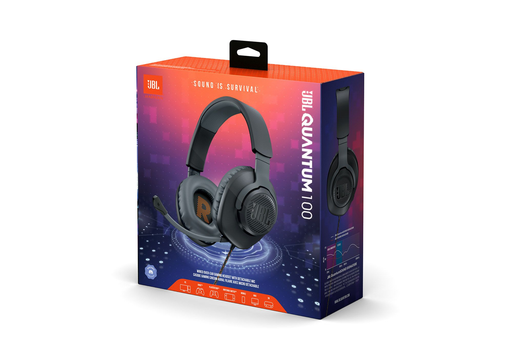 Een JBL Quantum 100 hoofdtelefoonbox. De doos is zwart en oranje. De koptelefoon is zichtbaar.