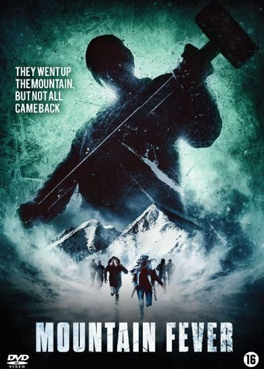 Filmposter met een silhouet met een hamer boven rennende figuren. Titel: Mountain Fever.