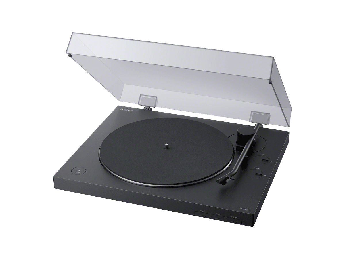 Black Sony turntable, with the cover open, on a black surface, and dark background.