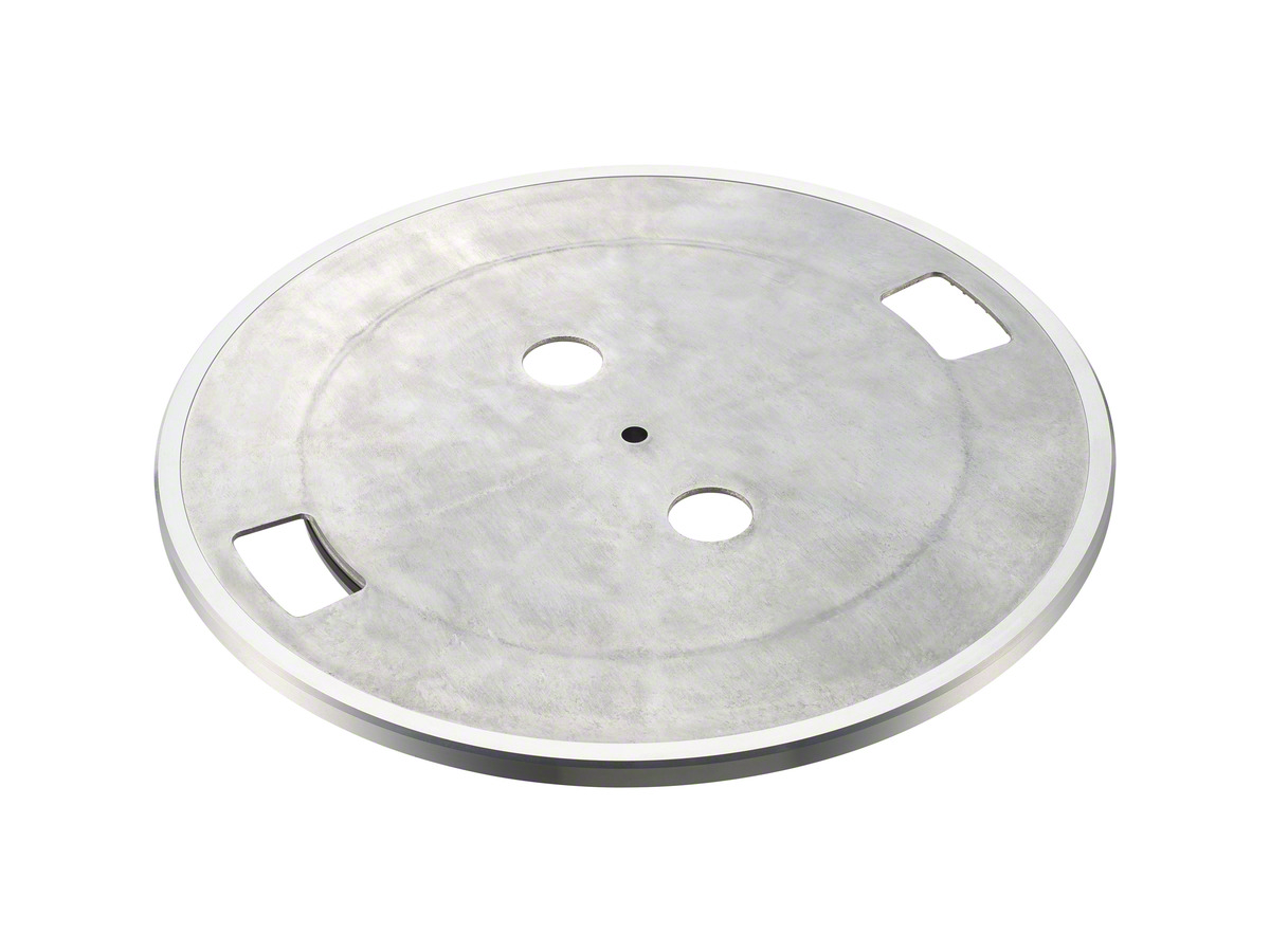 Silver turntable platter. White background. Top view.