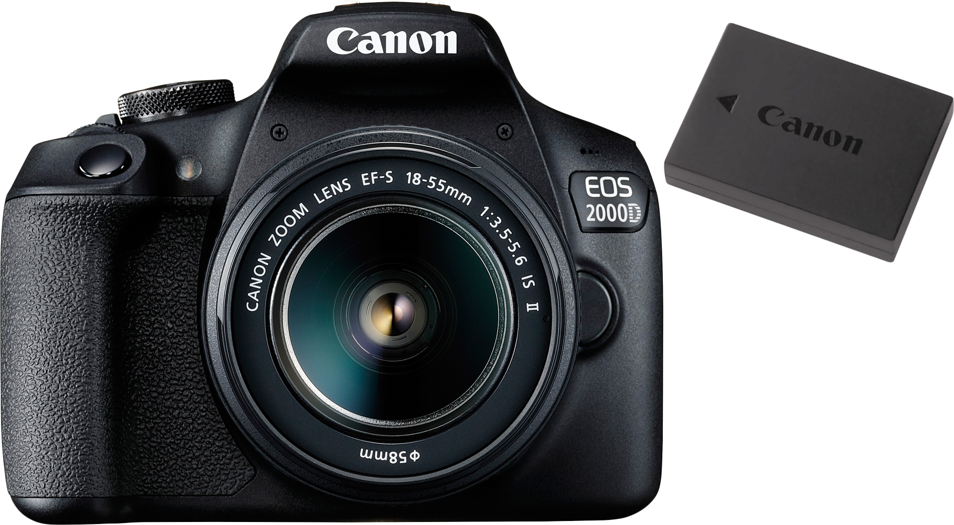 Fekete Canon kamera objektívvel és akkumulátorral. Fehér háttér. Canon akkumulátor.
