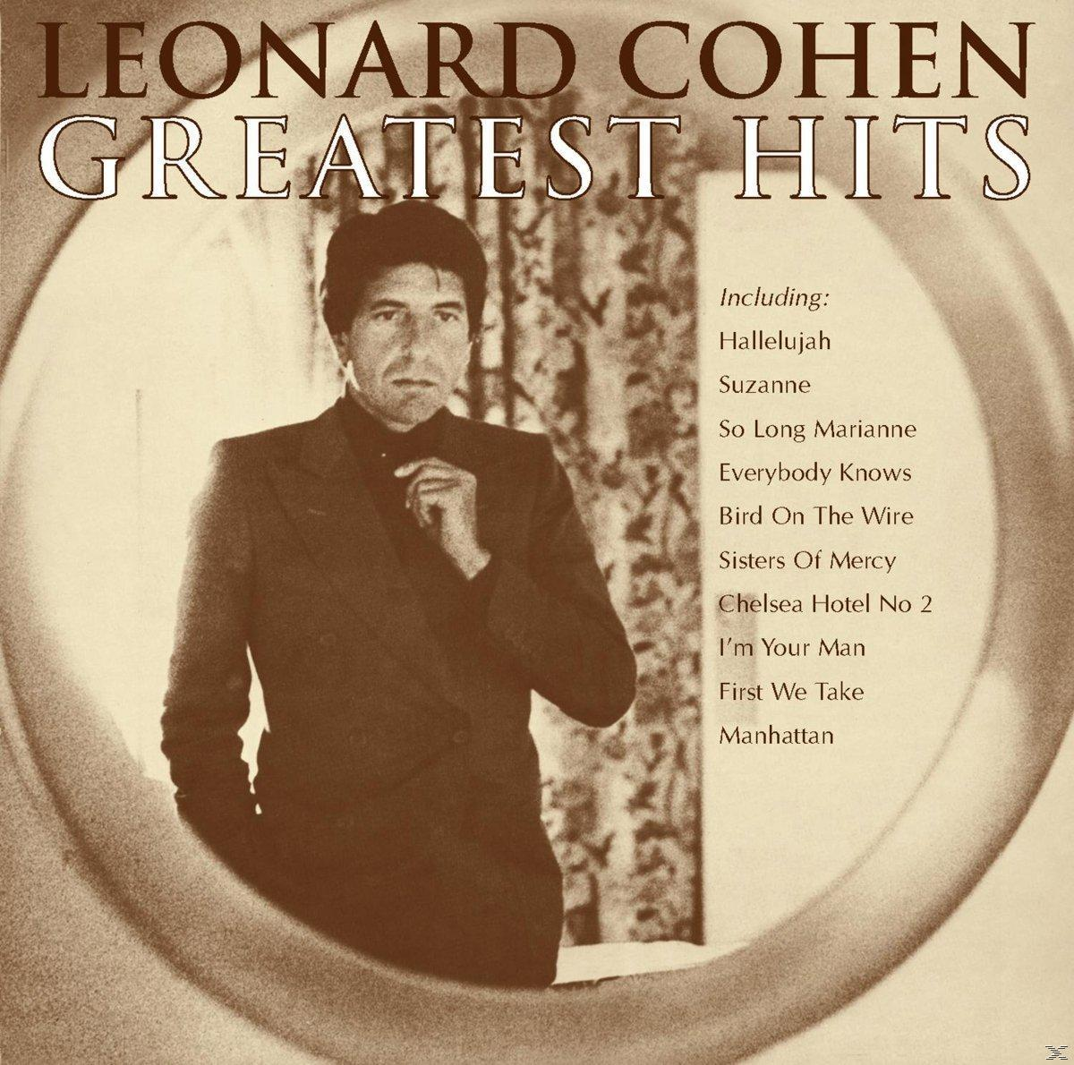 Album borító Leonard Cohennel. Öltönyben pózol. A szöveg „Greatest Hits” és a dalok címeit tartalmazza.