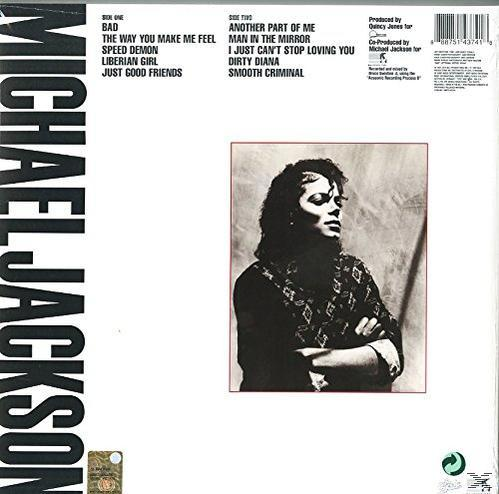 Rückseite des Bad-Albums von Michael Jackson mit Titelliste, Foto und Text auf weißem Hintergrund.
