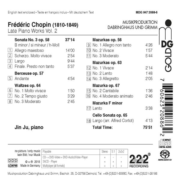 CD-Cover für Frédéric Chopins Late Piano Works Vol. 2, mit Trackliste und Jin Ju, Klavier.