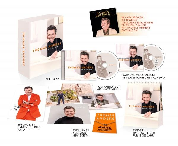 Werbeartikel für Thomas Anders, darunter Album, CD, Kalender, Foto und andere Merchandise-Artikel.