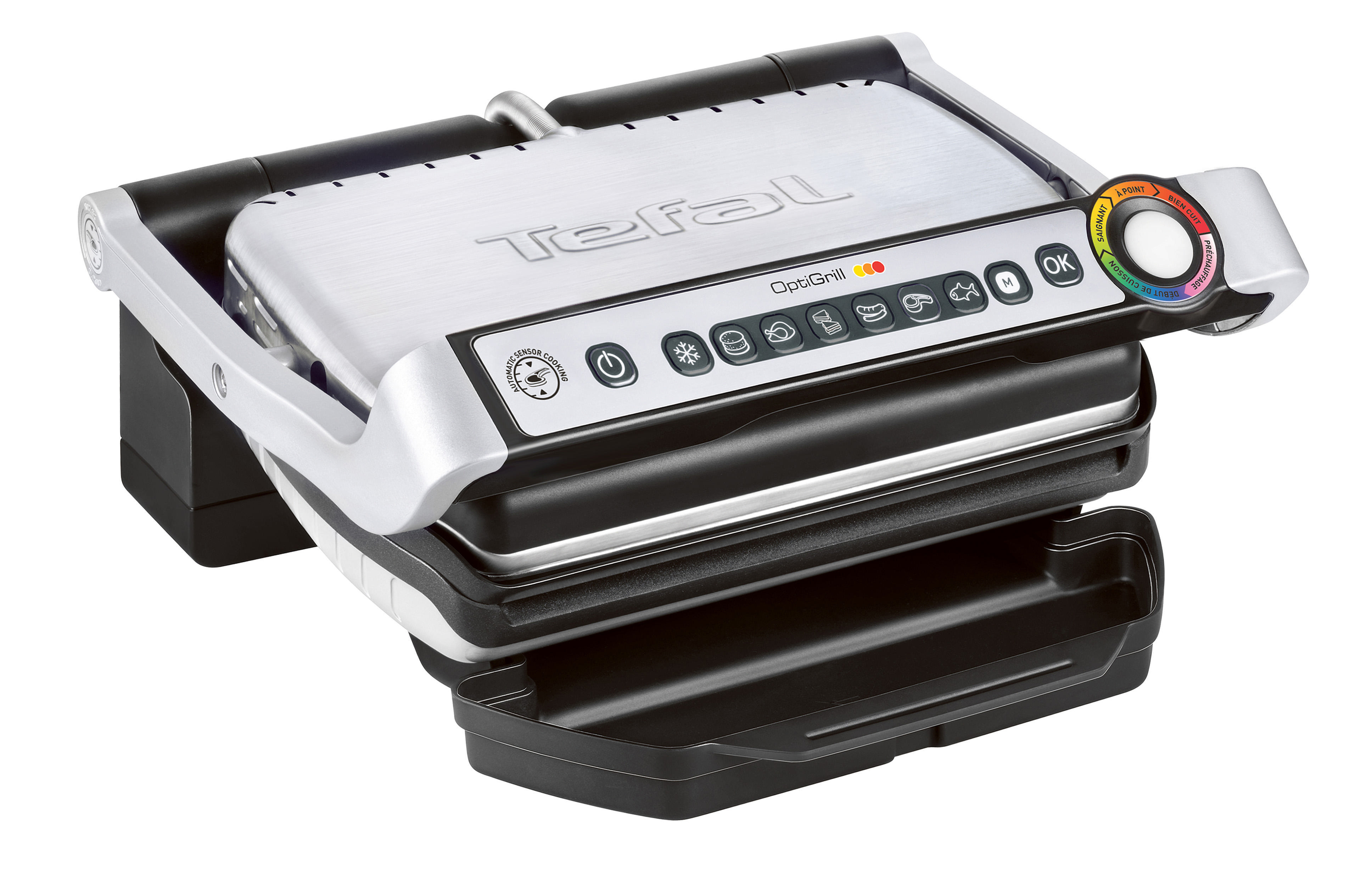 Tefal OptiGrill, silber und schwarz, geschlossen. Bedienfeld mit Symbolen und Drehregler.