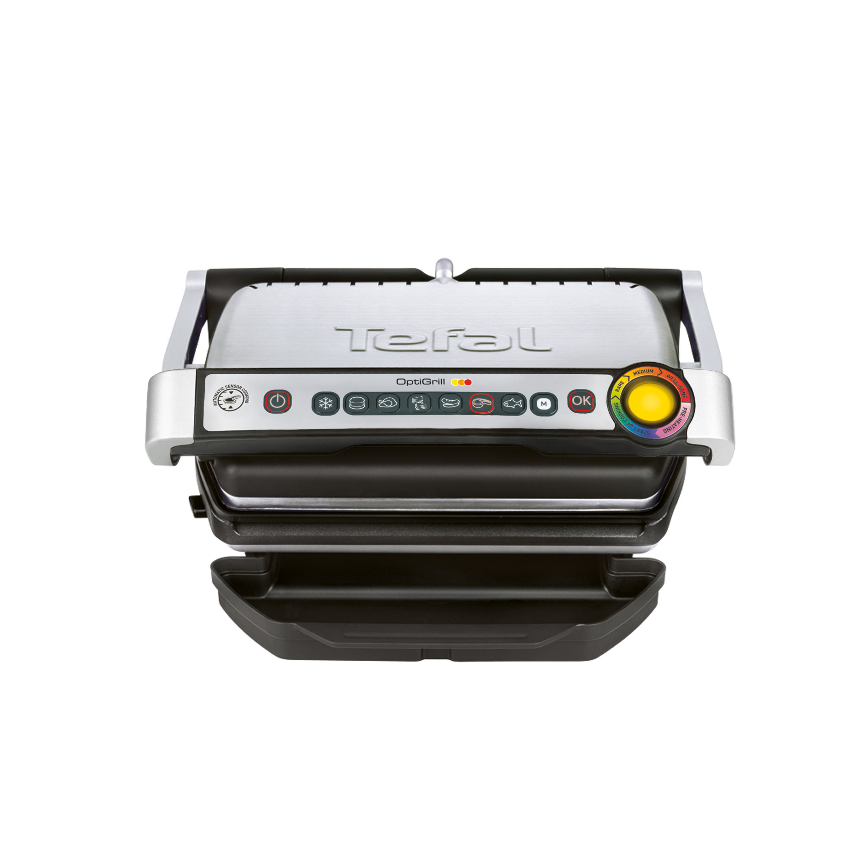 Tefal OptiGrill, Draufsicht. Silberner Grill mit schwarzem Sockel und Drehregler. Weißer Hintergrund.