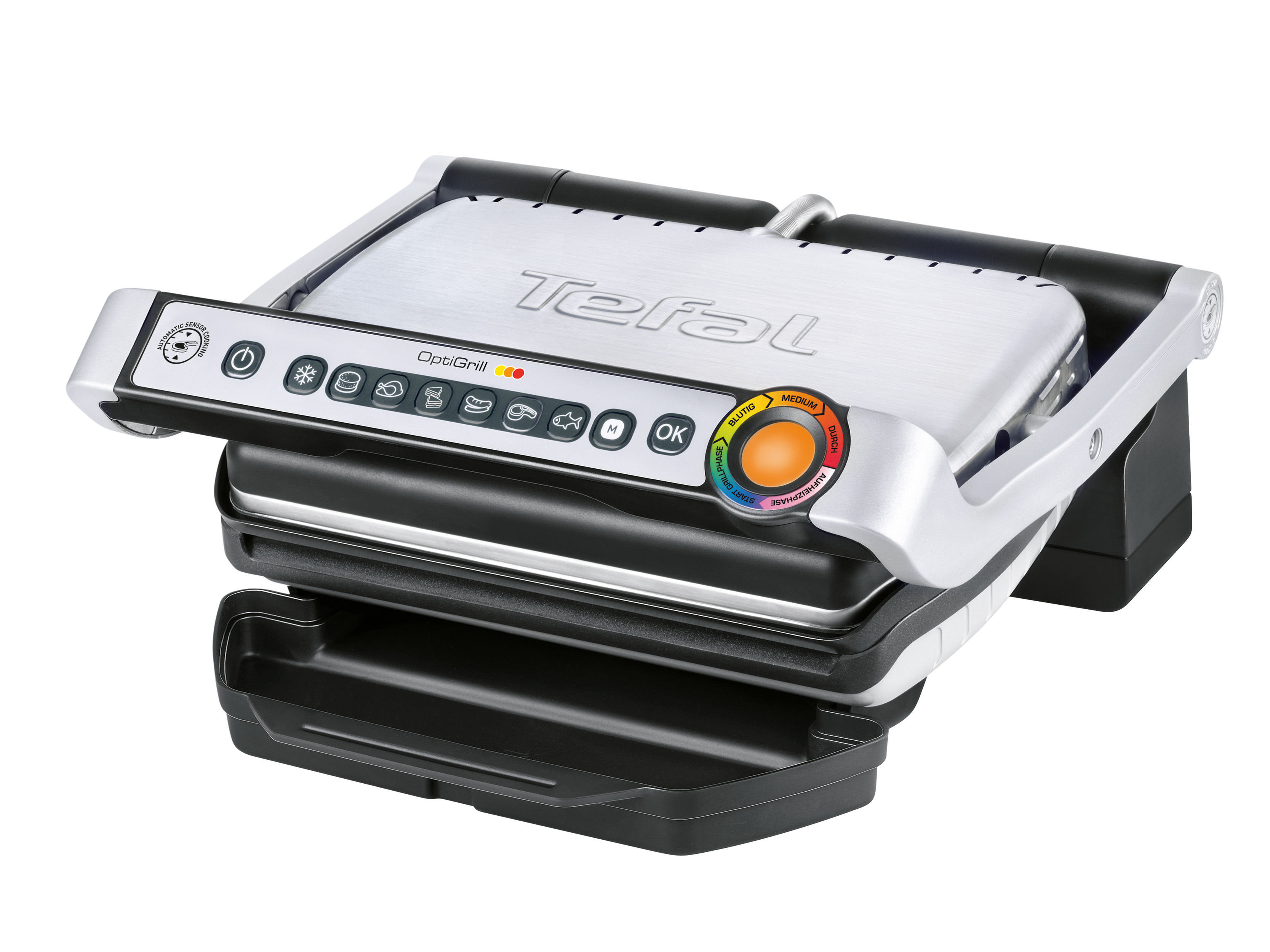 Silberner und schwarzer OptiGrill, geschlossen, mit Bedienfeld und schwarzer Abtropfschale.