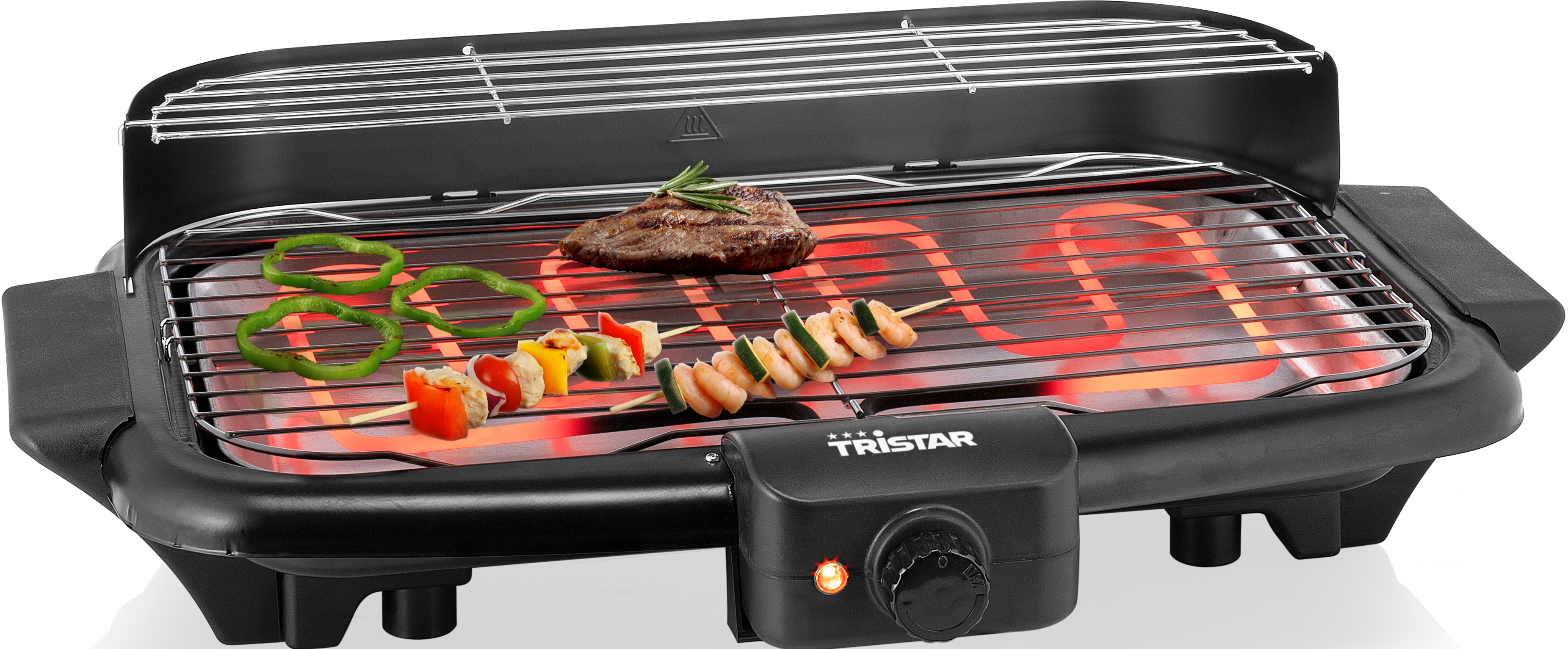 Elektrischer Grill mit Speisen, darunter Steak, Garnesspieße und Paprika.