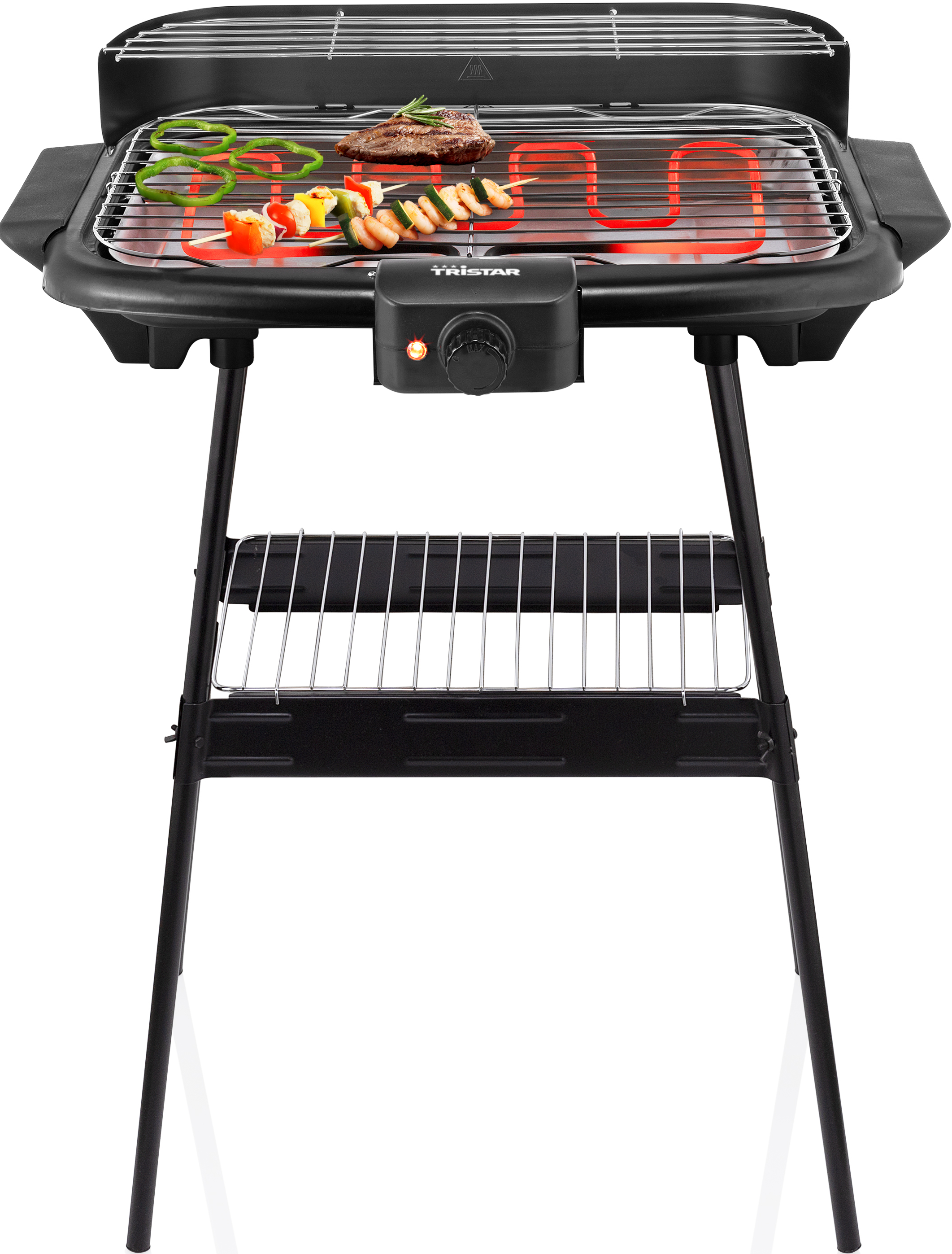 Schwarzer Elektrogrill auf einem Ständer mit Essen.
