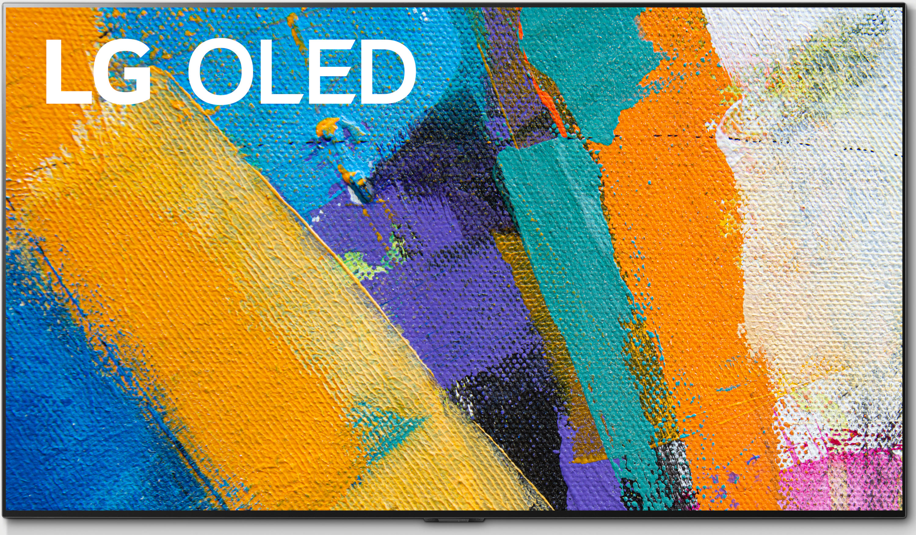 Großer LG OLED-Fernseher, der farbenfrohe abstrakte Kunst zeigt. Der Bildschirm ist in einem schwarzen Rahmen.
