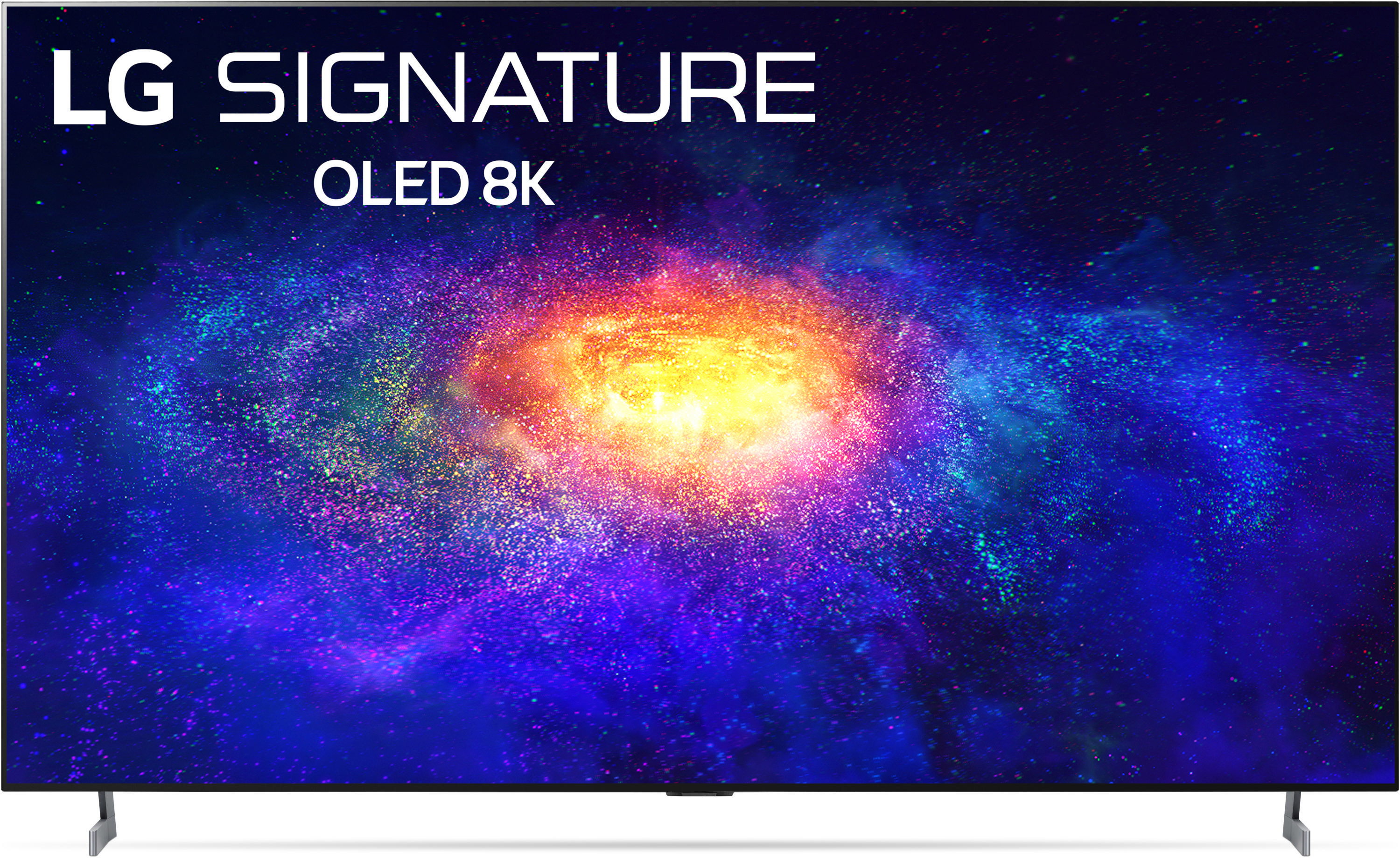 Ein LG OLED 8K TV zeigt ein Bild im Galaxien-Thema mit Sternen und bunten Wirbeln.
