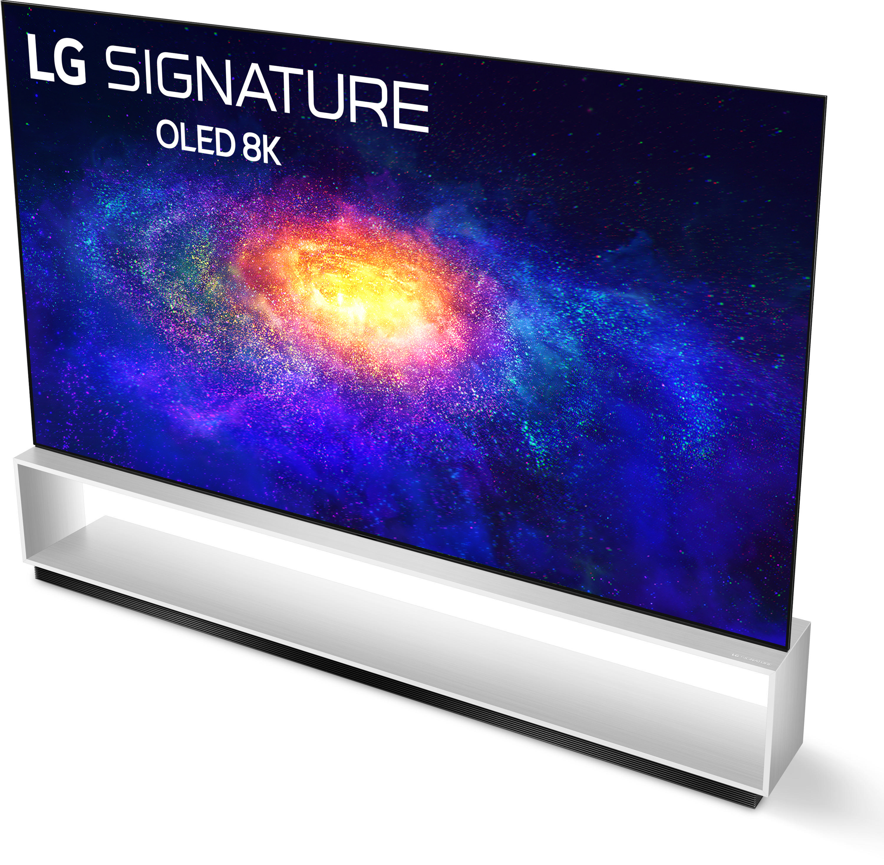 LG SIGNATURE OLED 8K-Fernseher auf weißem Ständer, Galaxieszene auf dem Bildschirm vor weißem Hintergrund.
