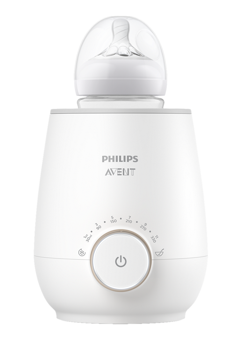 Ein weißer Philips Avent Flaschenwärmer mit einem Deckel, der eine Babyflasche bedeckt.