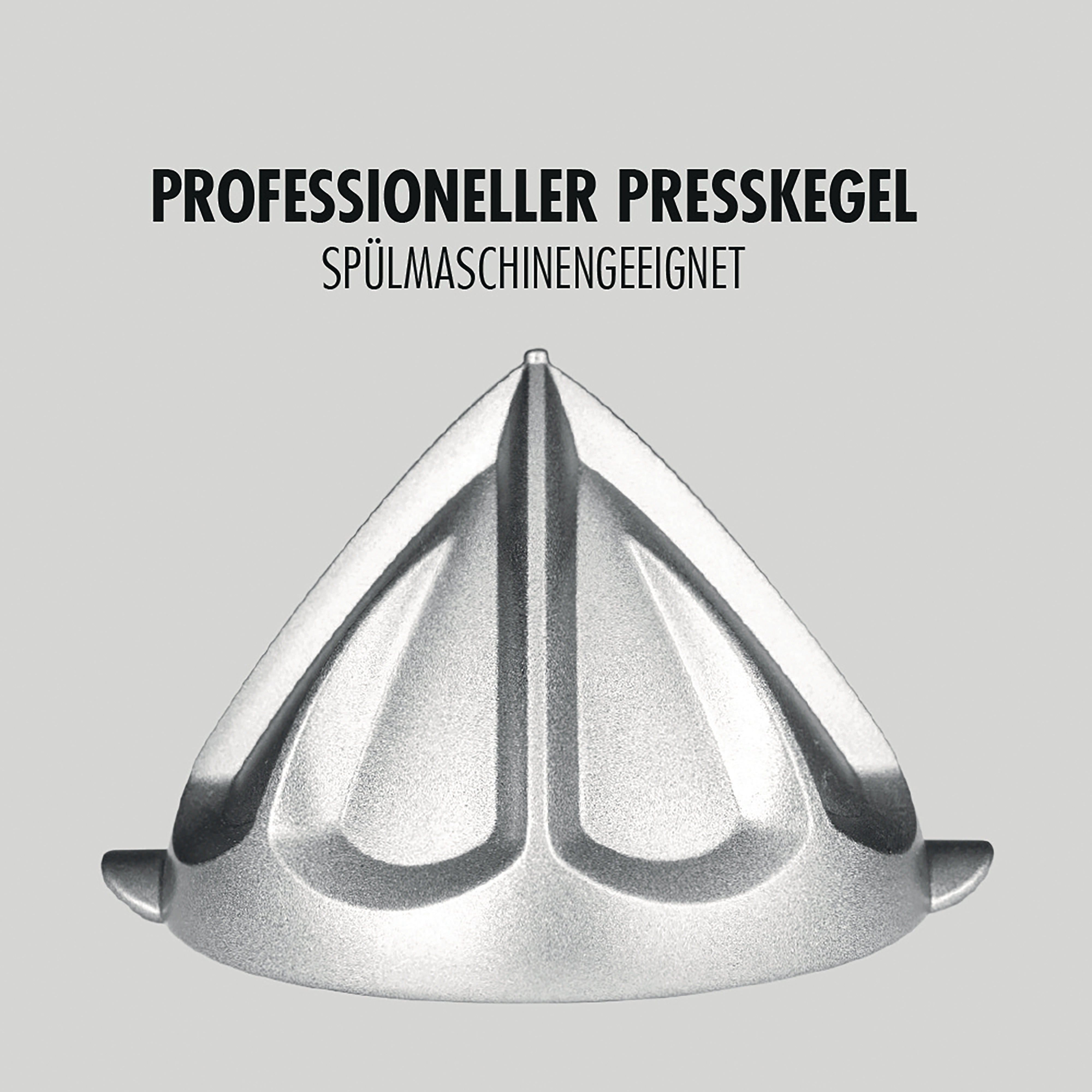 Silberner Entsafterkegel auf hellgrauem Hintergrund. Text: Professioneller Presskegel.