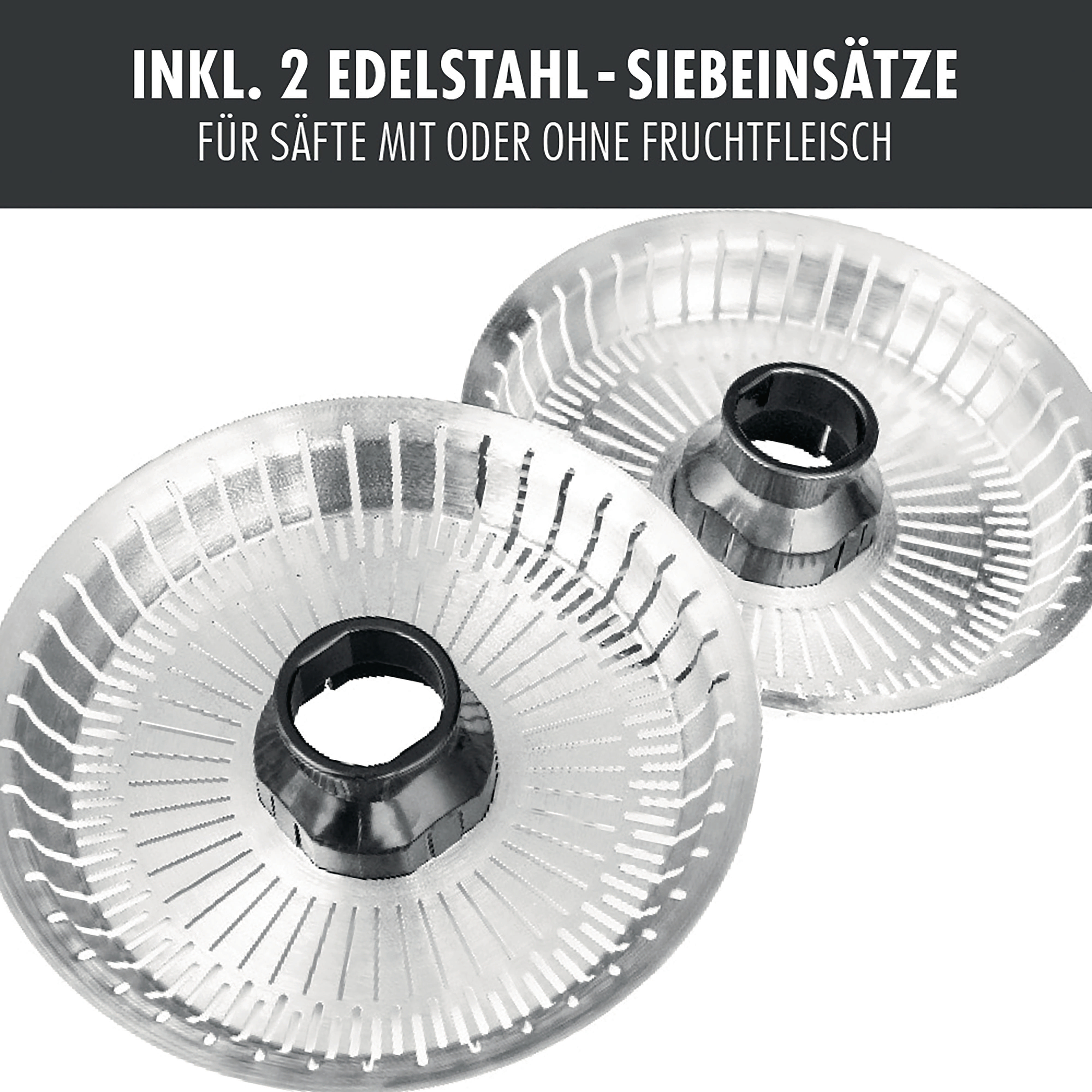 Zwei Edelstahlsiebe mit schwarzen Zentren, Nahaufnahme auf weißem Grund.