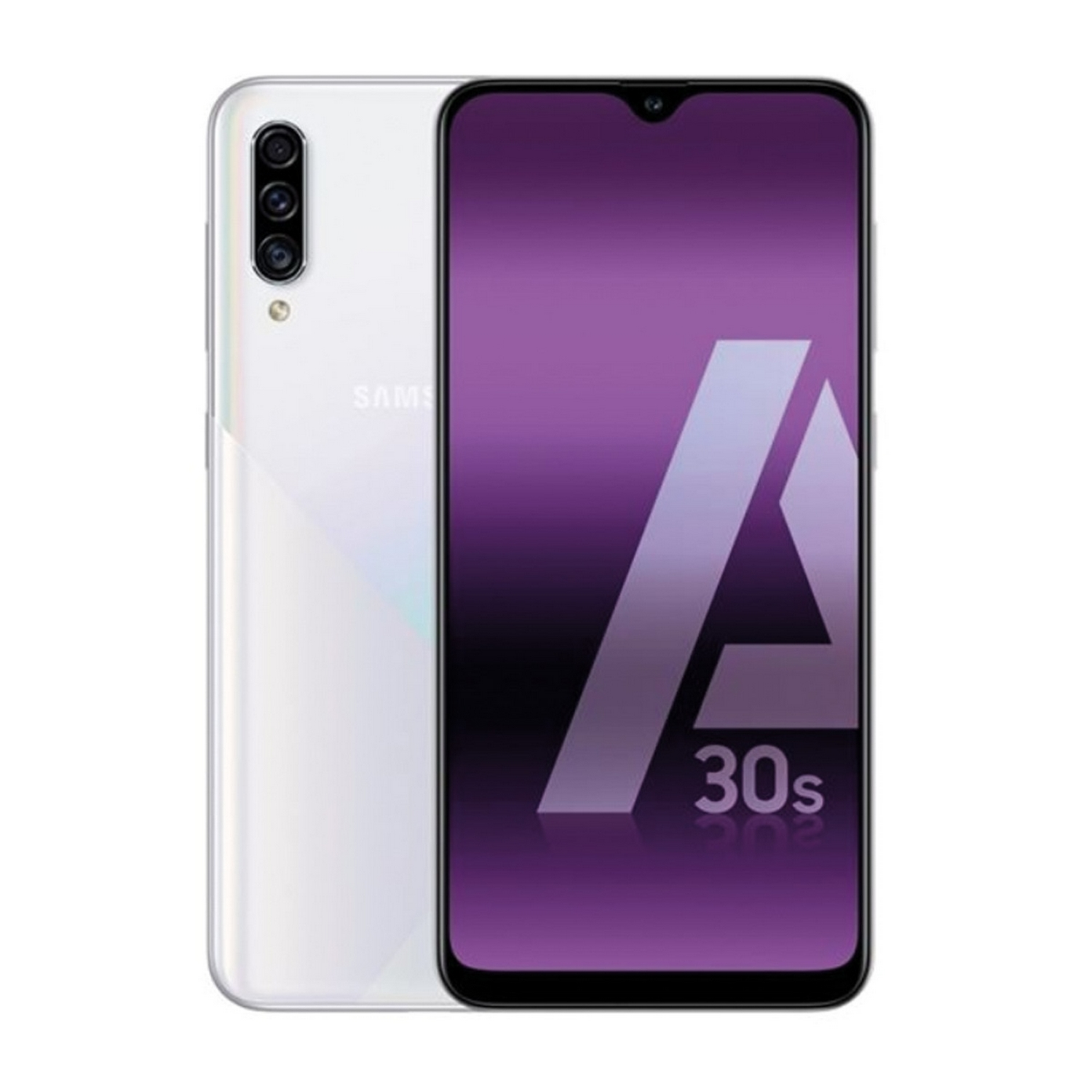 Smartphone blanco con triple cámara y pantalla morada.