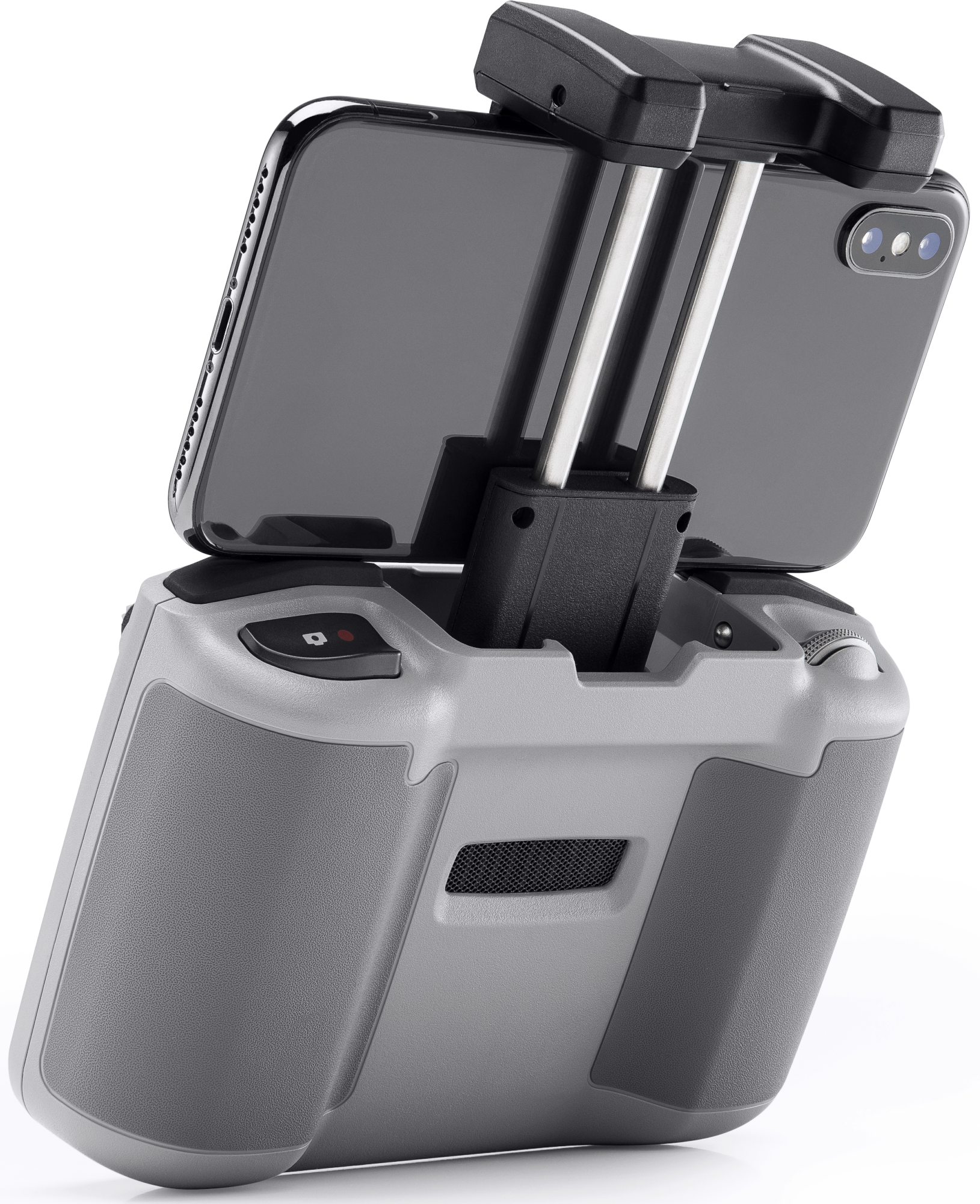 Grauer Controller mit angeschlossenem Telefon, zur Drohnenbedienung verwendet.
