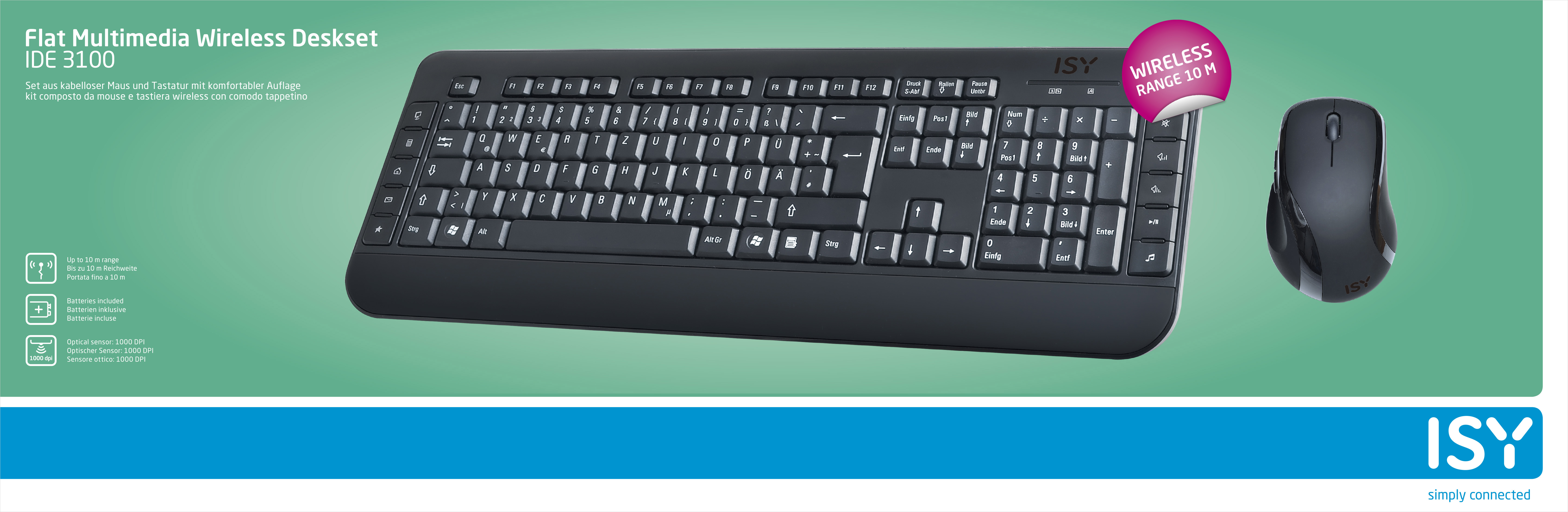 Schwarzes kabelloses Tastatur- und Maus-Set auf grünem Hintergrund.