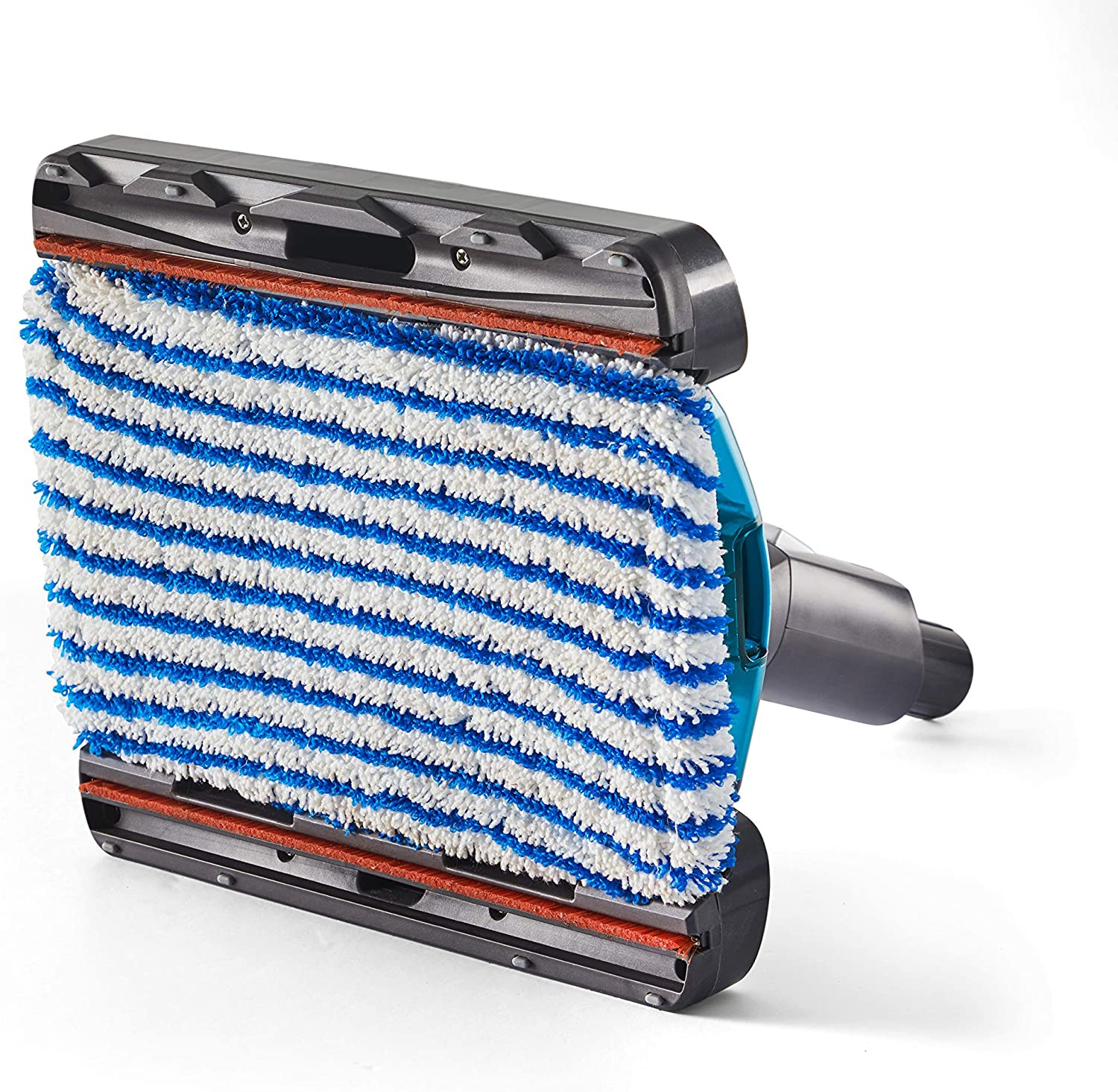 Reinigingskop voor een vloerreiniger met blauw-wit gestreepte pad.