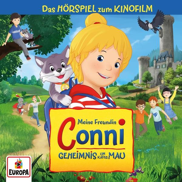 Filmcover für Conni und das Geheimnis um Kater Mau. Cartoonbild eines Mädchens und Freunde.