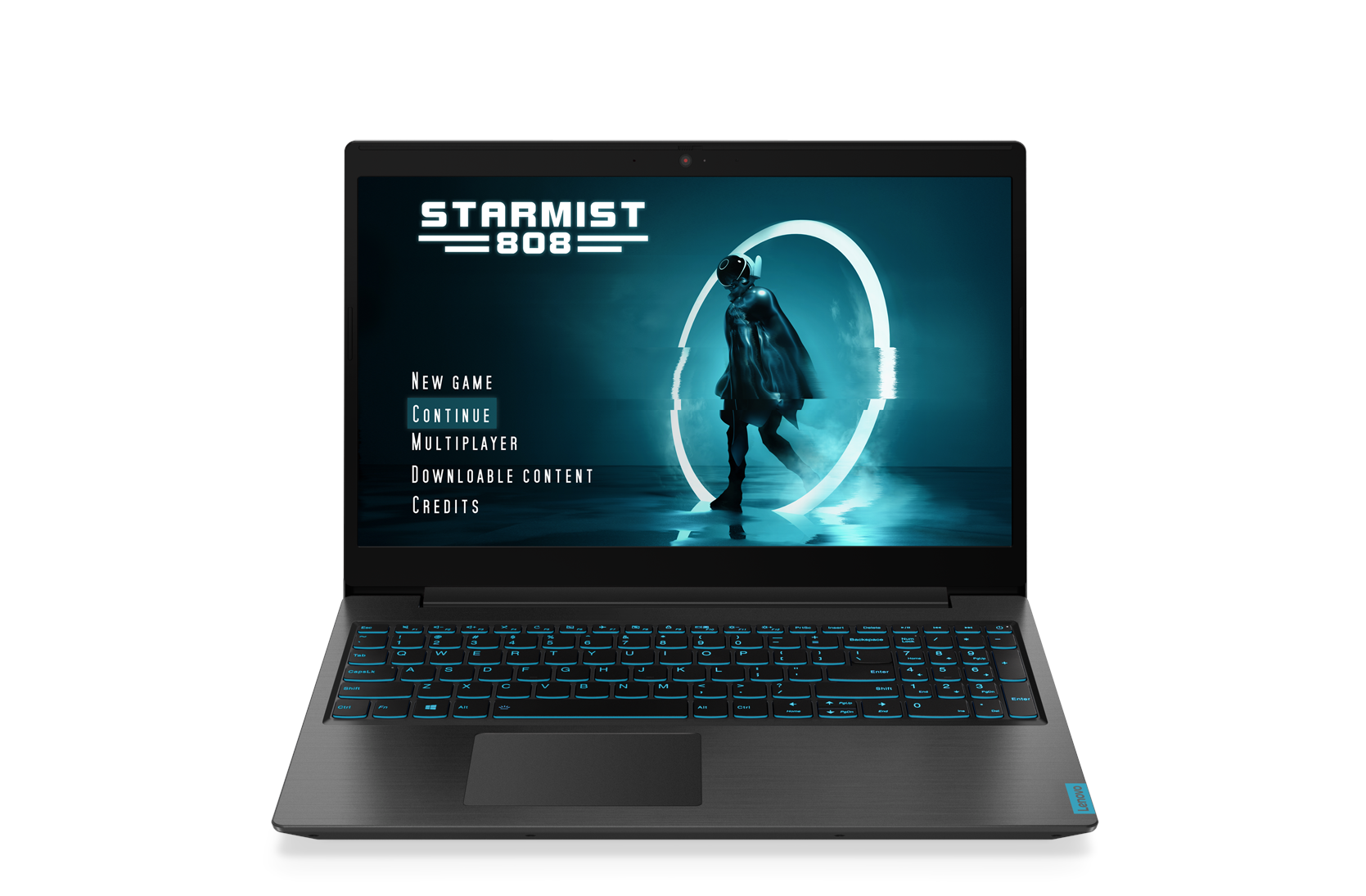 Starmist 808 oyun arayüzünü gösteren siyah bir dizüstü bilgisayar. Ekran mavi bir neon sahne gösteriyor.