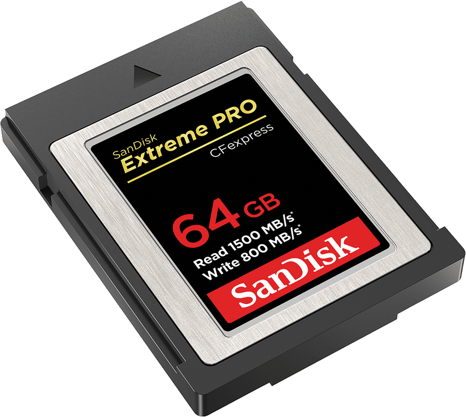 SanDisk Extreme Pro CFexpress-Karte. Schwarz und Silber. 64 GB mit Lese-/Schreibgeschwindigkeiten.