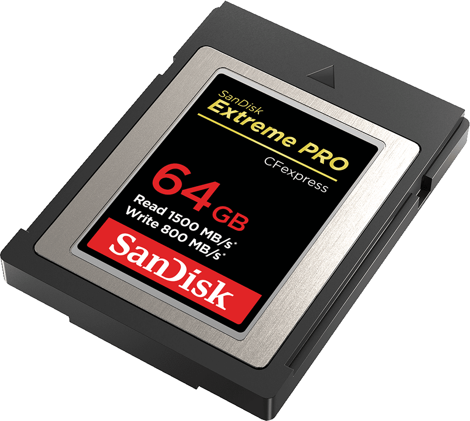 Schwarze CFexpress-Karte mit Text '64 GB', 'SanDisk Extreme PRO' und 'SanDisk'.