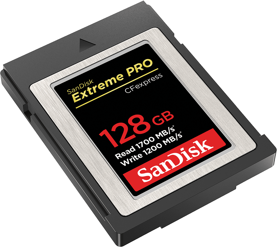 Carte CFexpress noire avec texte '128 Go', 'SanDisk Extreme PRO' et 'SanDisk'.