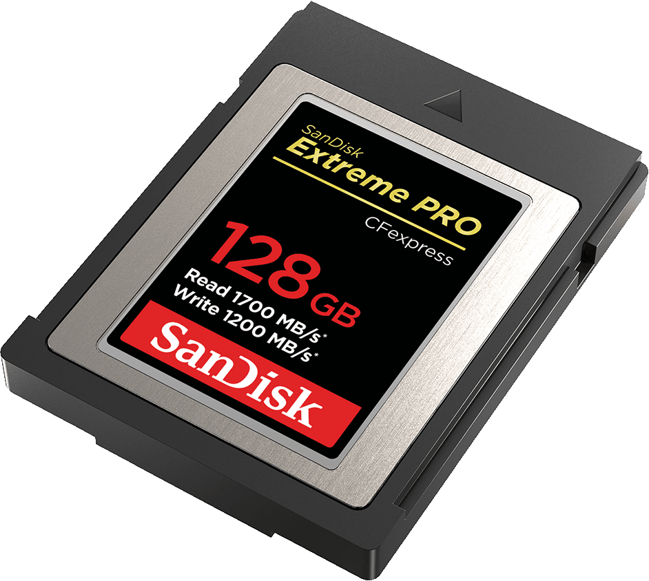 Une carte SanDisk Extreme PRO CFexpress avec du texte dessus.