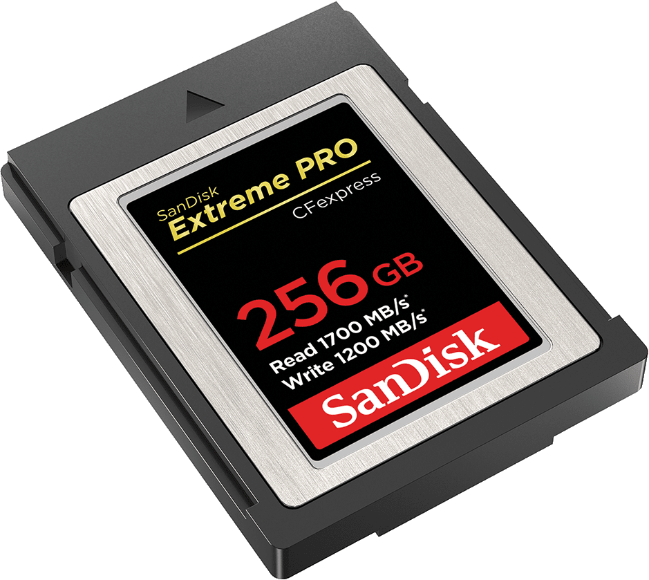SanDisk Extreme Pro CFexpress-Karte. 256 GB Kapazität, Lesegeschwindigkeit 1700 MB/s, Schreibgeschwindigkeit 1200 MB/s.
