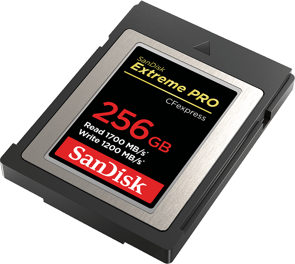 Eine schwarze und silberne SanDisk Extreme PRO CFexpress Karte.