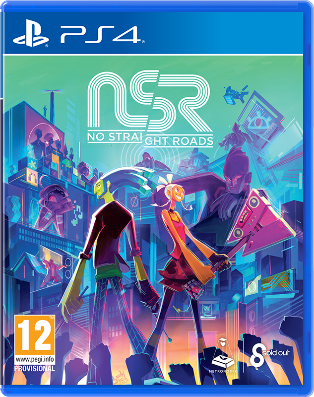 NSR game cover met gestileerde figuren en een stadsgezicht.