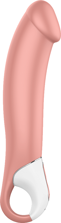 Gebogener rosa Vibrator mit weißem Griff und Basis.