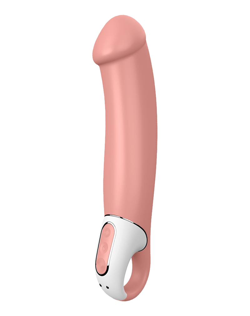 Rosa Dildo mit weißen Knöpfen und einem Ring. Das Objekt steht aufrecht.